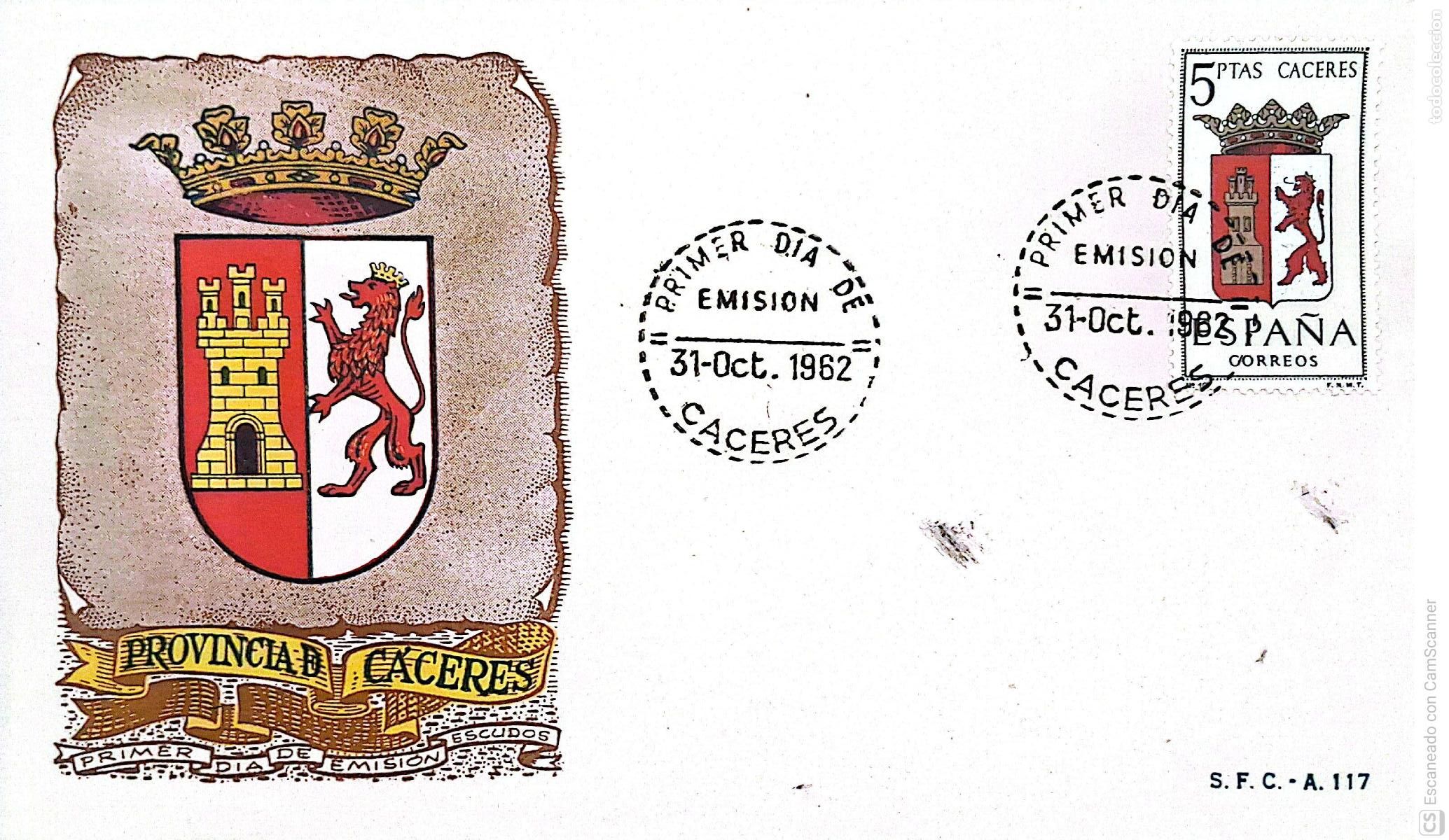 Sellos: Espa&ntilde;a. SPD 1415 Escudo de C&aacute;ceres. Matasello Primer D&iacute;a 31.Oct.1962 Madrid. Numeraci&oacute;n Edifil.
