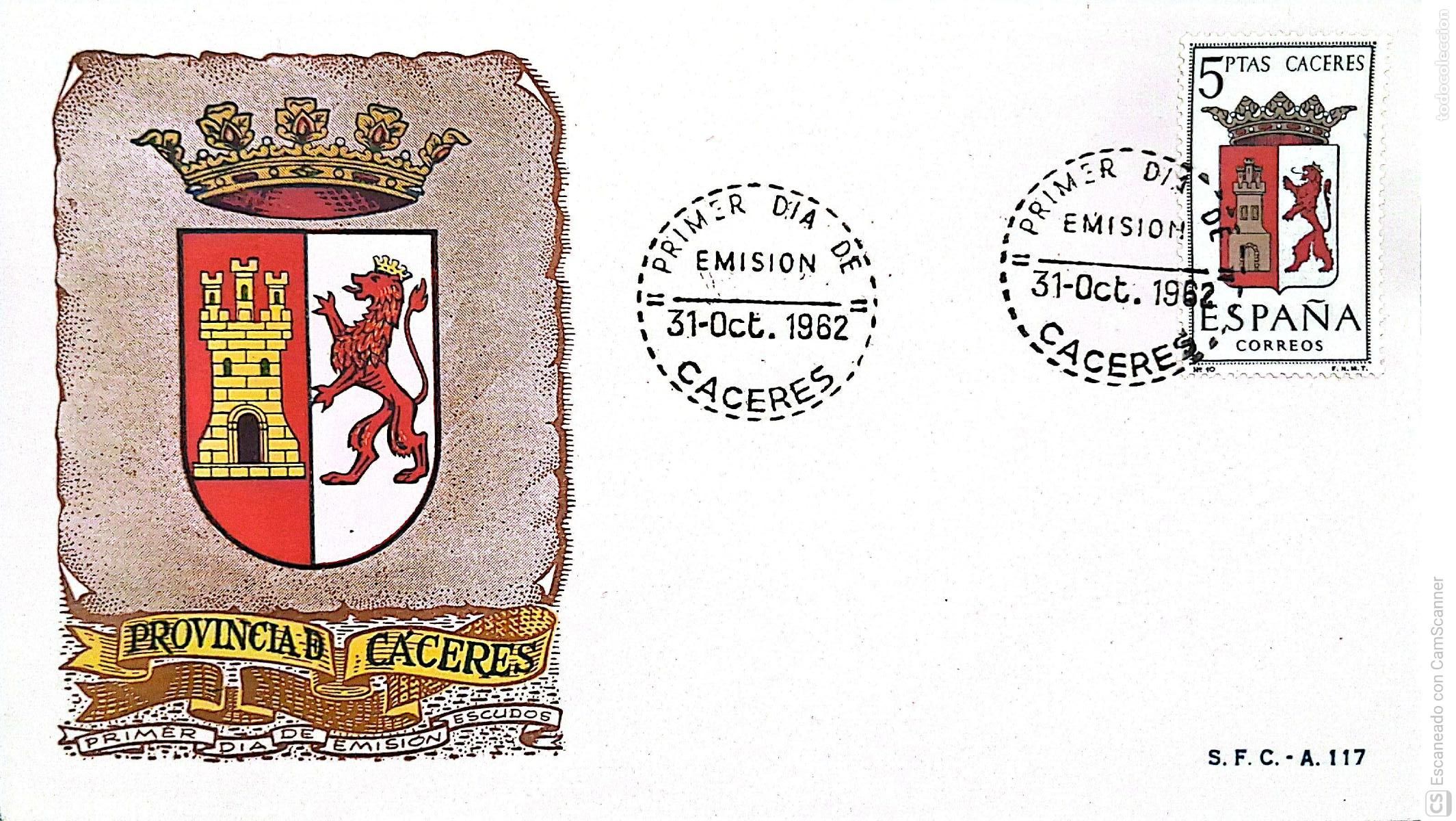 Sellos: Espa&ntilde;a. SPD 1415 Escudo de C&aacute;ceres. Matasello Primer D&iacute;a 31.Oct.1962 Madrid. Numeraci&oacute;n Edifil.