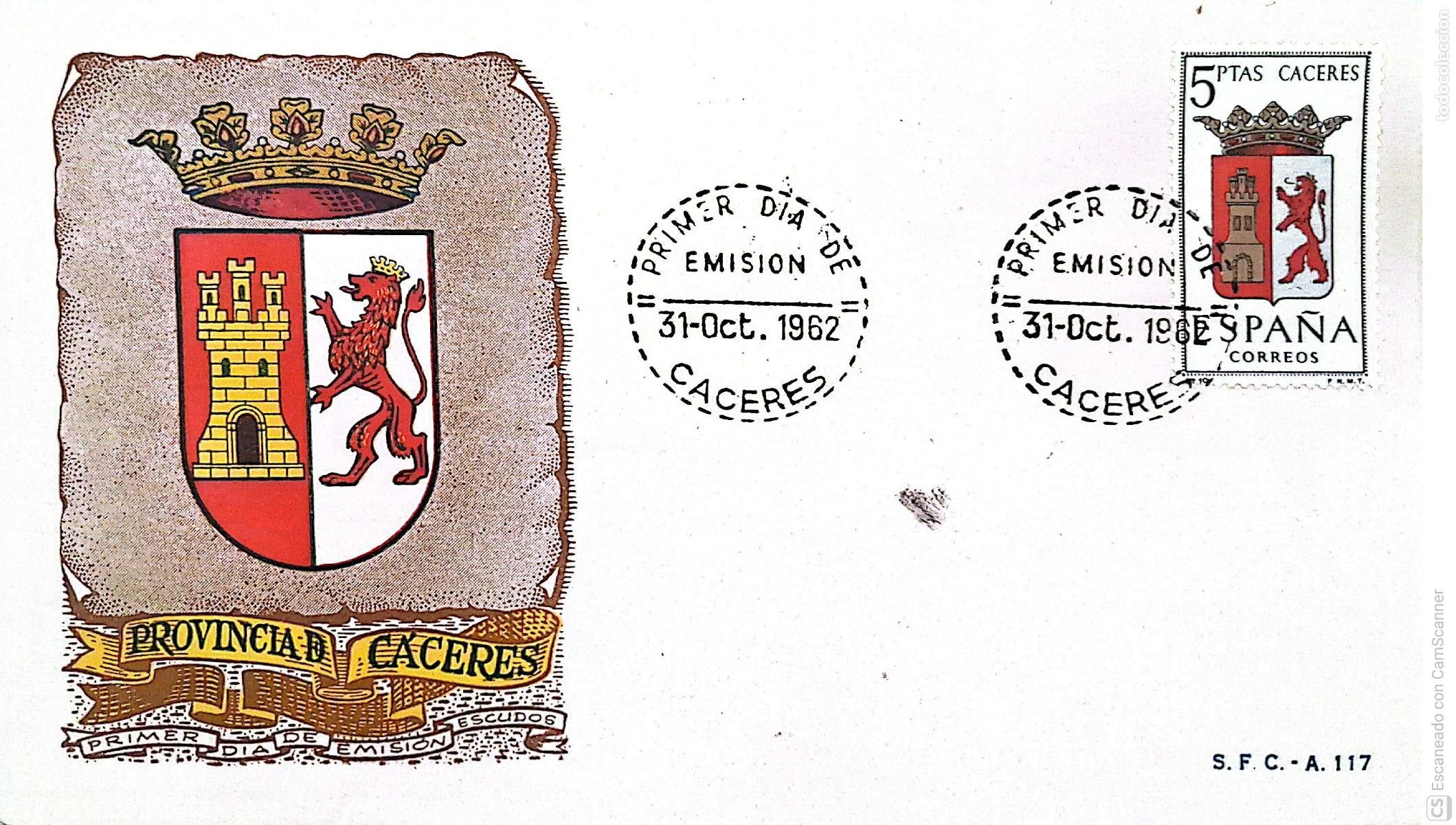 Sellos: Espa&ntilde;a. SPD 1415 Escudo de C&aacute;ceres. Matasello Primer D&iacute;a 31.Oct.1962 Madrid. Numeraci&oacute;n Edifil.