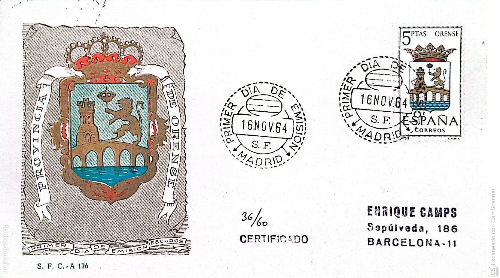 Sellos: Espa&ntilde;a. SPD 1561 Escudo de Orense. Matasello Primer D&iacute;a 16.Nov.1964 Madrid. Numeraci&oacute;n Edifil.