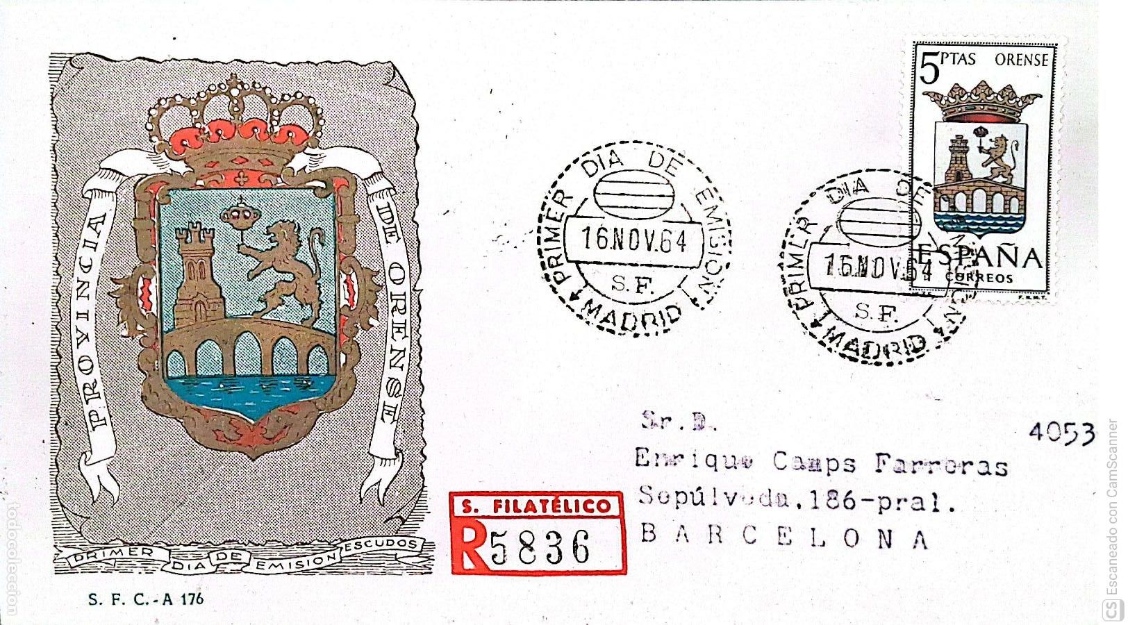 Sellos: Espa&ntilde;a. SPD 1561 Escudo de Orense. Matasello Primer D&iacute;a 16.Nov.1964 Madrid. Numeraci&oacute;n Edifil.