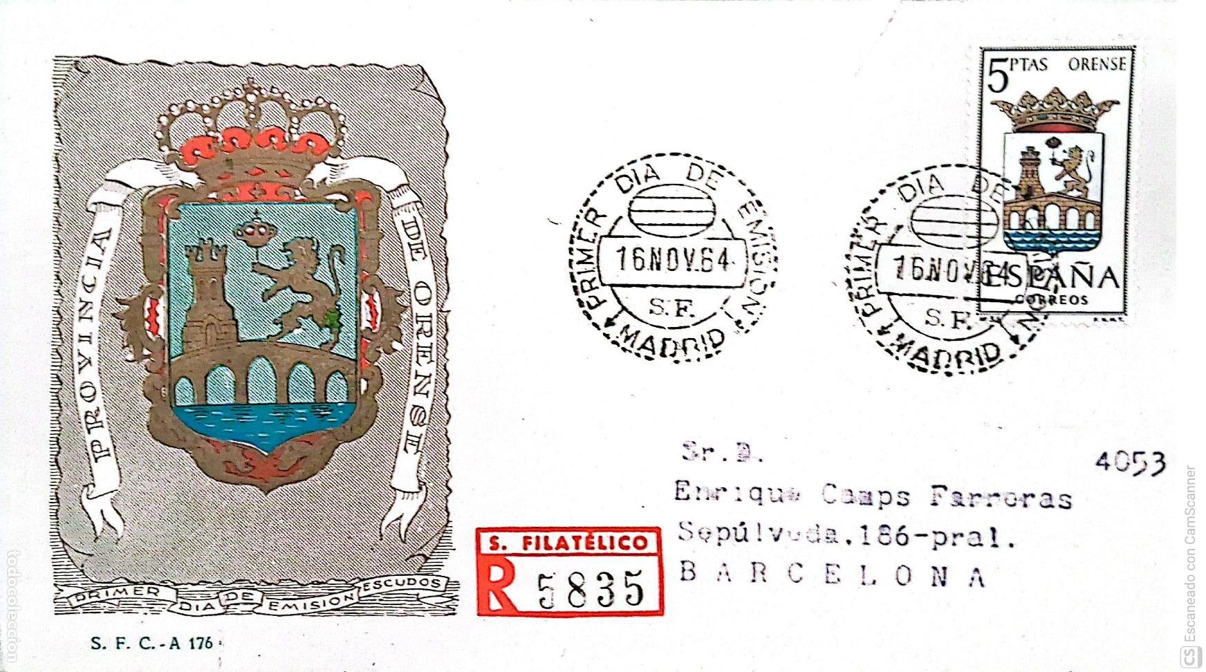 Sellos: Espa&ntilde;a. SPD 1561 Escudo de Orense. Matasello Primer D&iacute;a 16.Nov.1964 Madrid. Numeraci&oacute;n Edifil.
