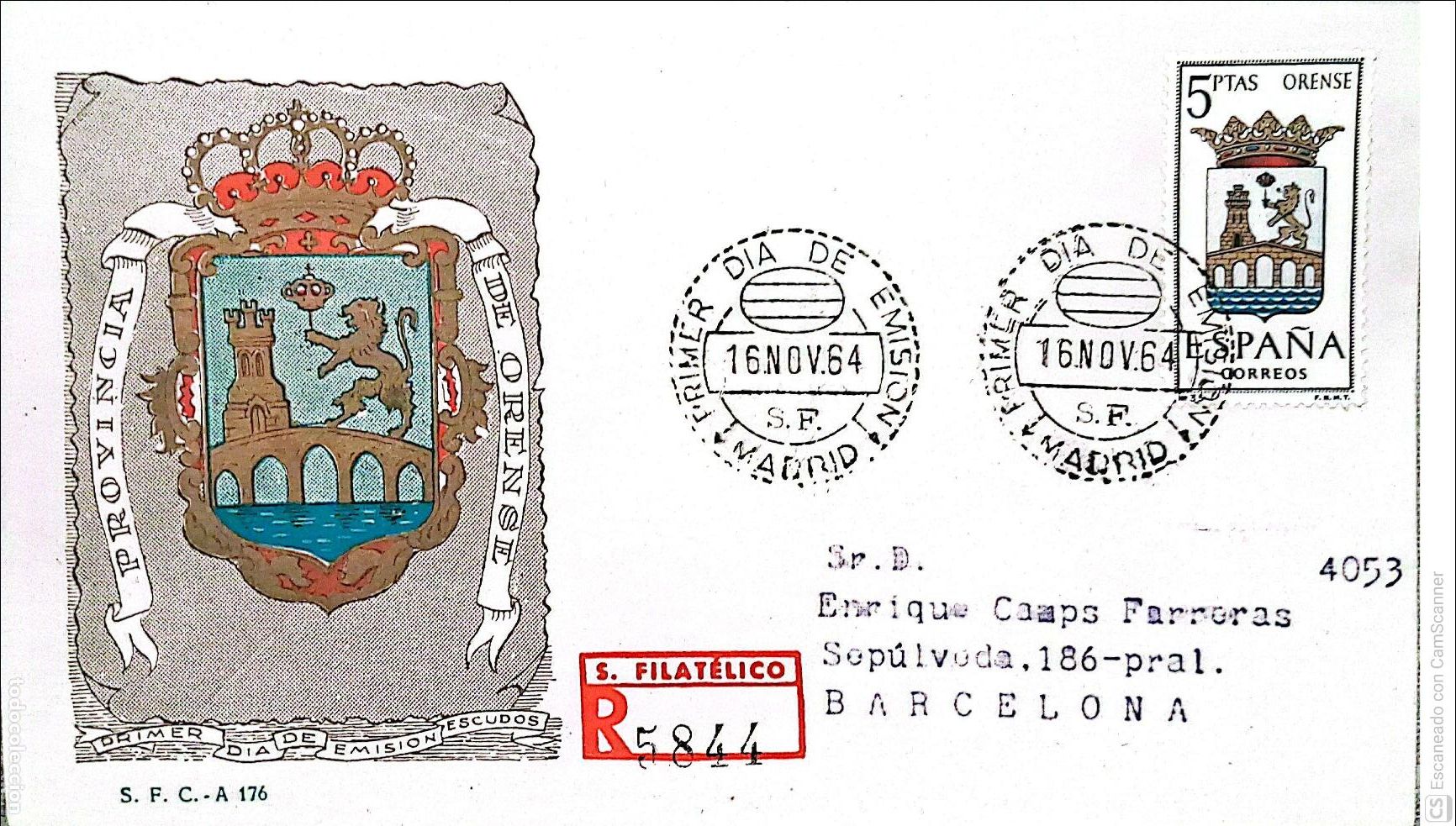 Sellos: Espa&ntilde;a. SPD 1561 Escudo de Orense. Matasello Primer D&iacute;a 16.Nov.1964 Madrid. Numeraci&oacute;n Edifil.