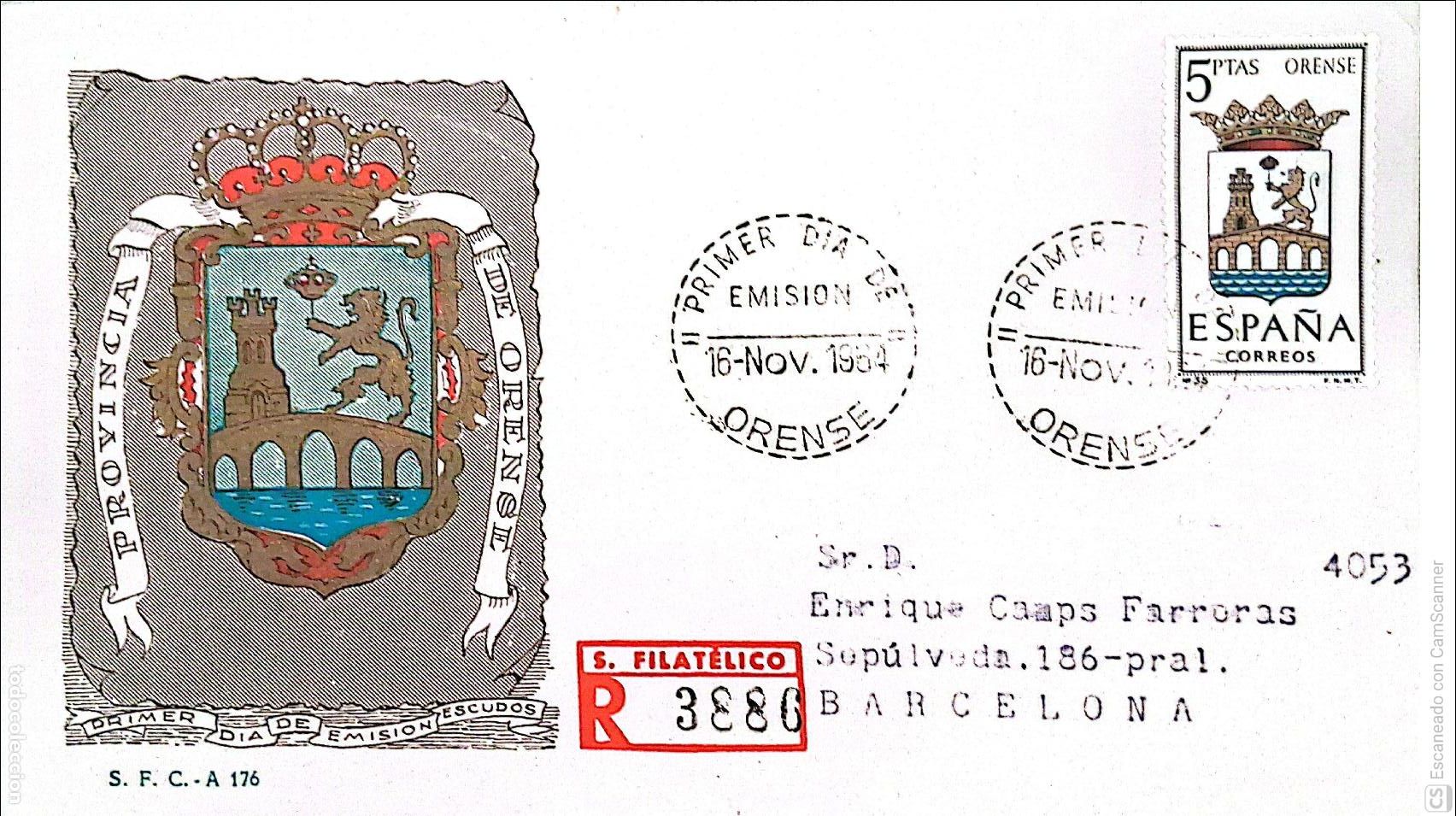 Sellos: Espa&ntilde;a. SPD 1561 Escudo de Orense. Matasello Primer D&iacute;a 16.Nov.1964 Orense. Numeraci&oacute;n Edifil.
