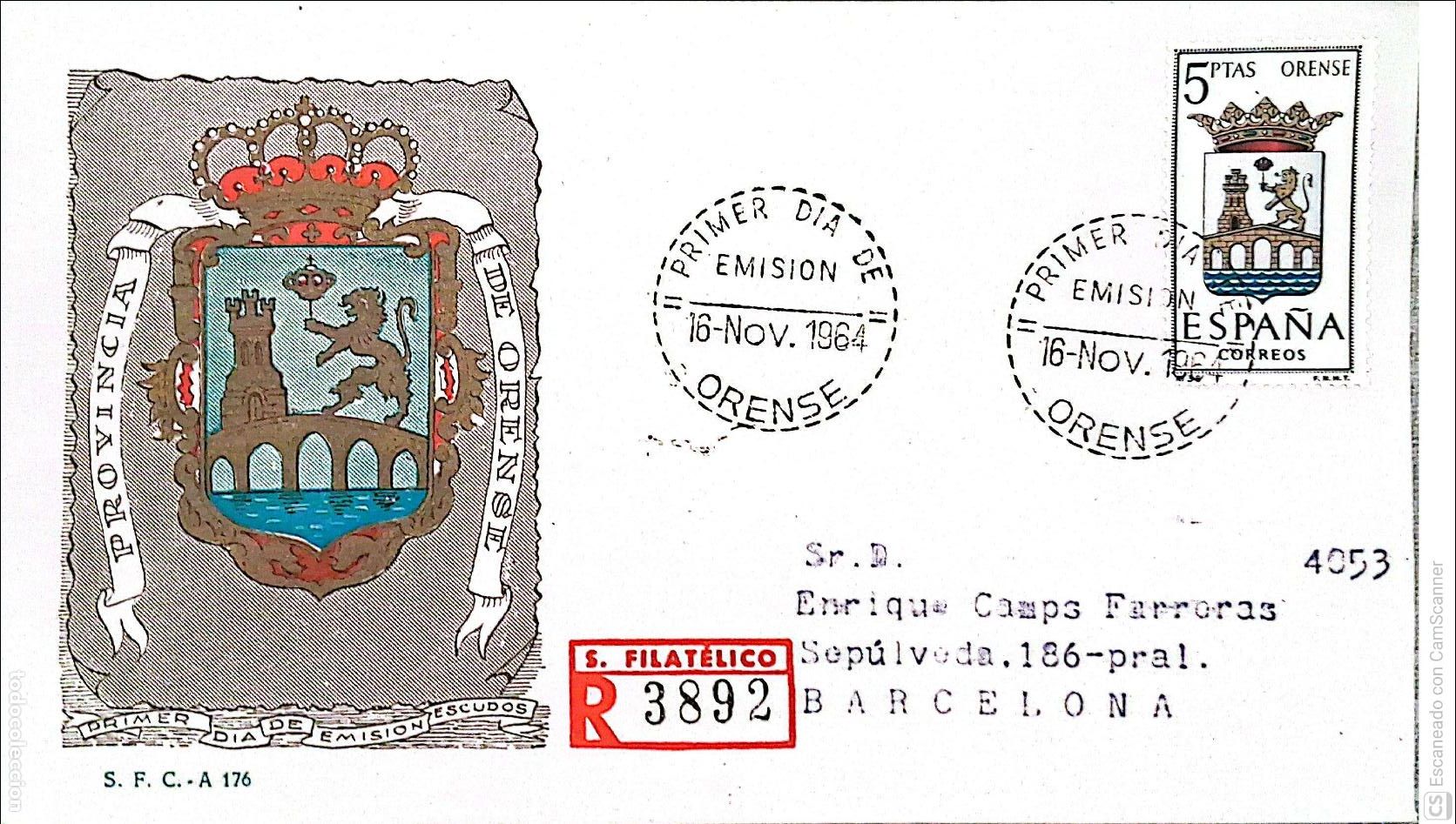 Sellos: Espa&ntilde;a. SPD 1561 Escudo de Orense. Matasello Primer D&iacute;a 16.Nov.1964 Orense. Numeraci&oacute;n Edifil.