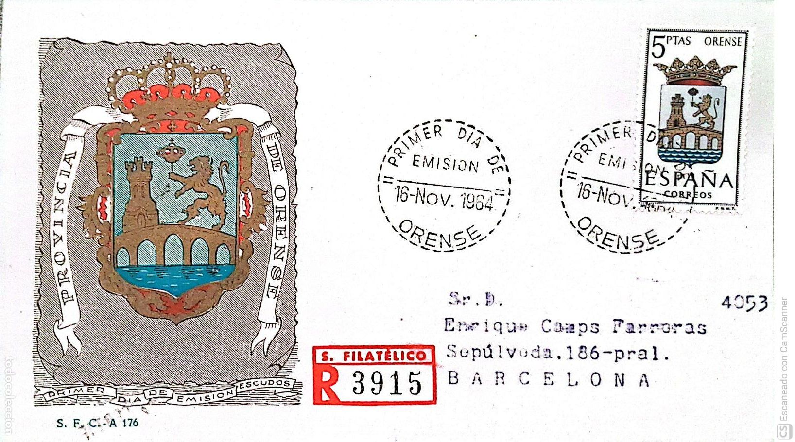 Sellos: Espa&ntilde;a. SPD 1561 Escudo de Orense. Matasello Primer D&iacute;a 16.Nov.1964 Orense. Numeraci&oacute;n Edifil.