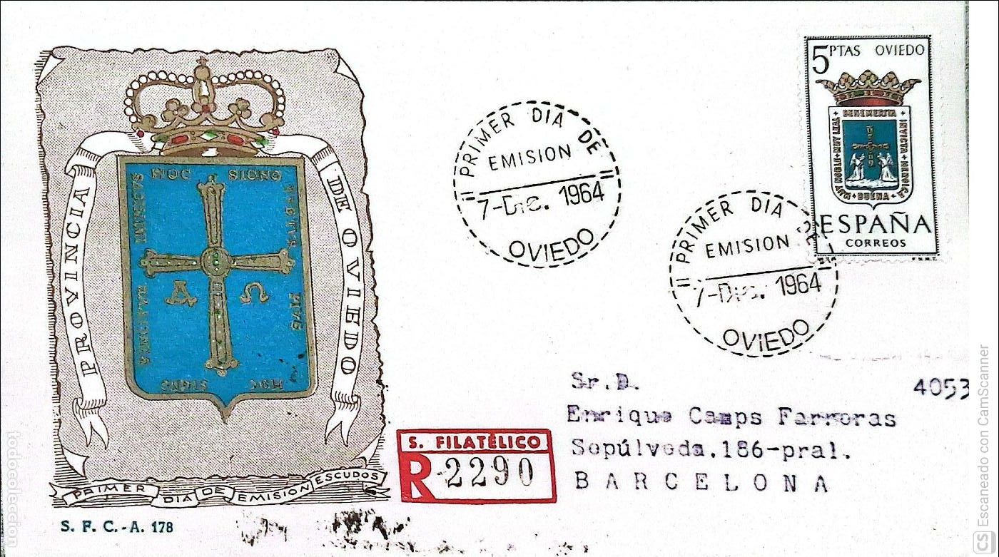 Sellos: Espa&ntilde;a. SPD 1562 Escudo de Oviedo. Matasello Primer D&iacute;a 7.Dic.1964 Oviedo. Numeraci&oacute;n Edifil.