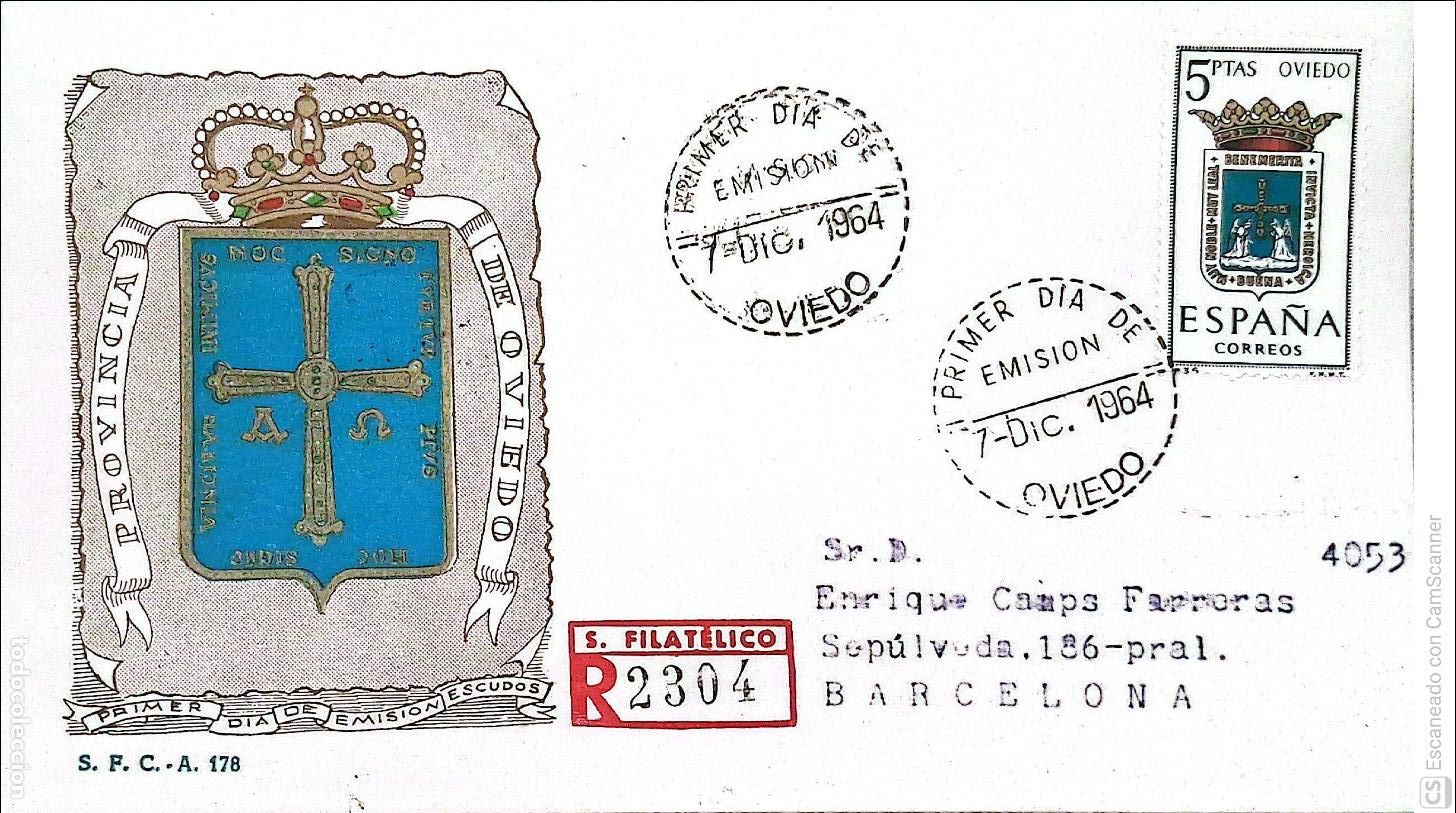 Sellos: Espa&ntilde;a. SPD 1562 Escudo de Oviedo. Matasello Primer D&iacute;a 7.Dic.1964 Oviedo. Numeraci&oacute;n Edifil.
