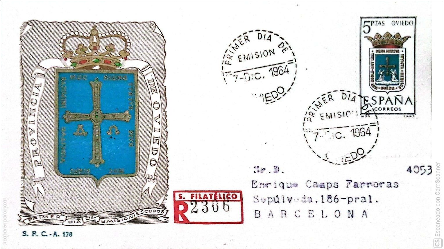 Sellos: Espa&ntilde;a. SPD 1562 Escudo de Oviedo. Matasello Primer D&iacute;a 7.Dic.1964 Oviedo. Numeraci&oacute;n Edifil.