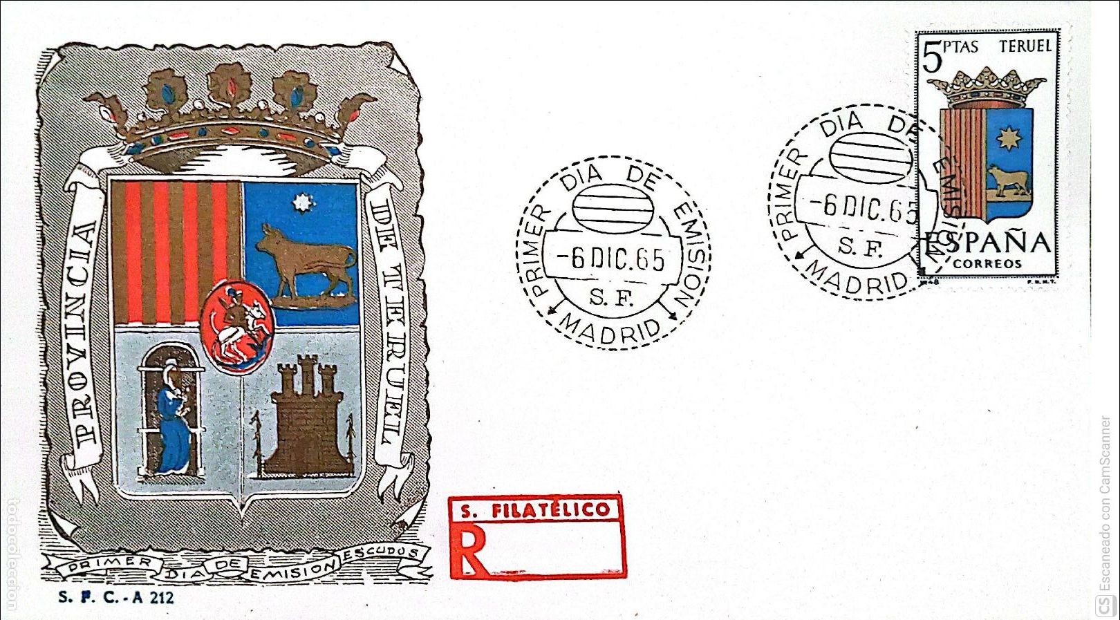 Sellos: Espa&ntilde;a. SPD 1642 Escudo de Teruel. Matasello Primer D&iacute;a 6.Dic.1965 Oviedo. Numeraci&oacute;n Edifil.