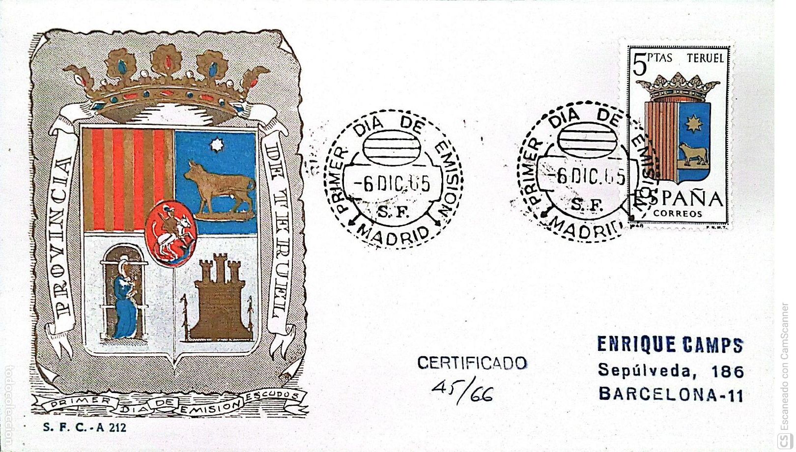Sellos: Espa&ntilde;a. SPD 1642 Escudo de Teruel. Matasello Primer D&iacute;a 6.Dic.1965 Oviedo. Numeraci&oacute;n Edifil.