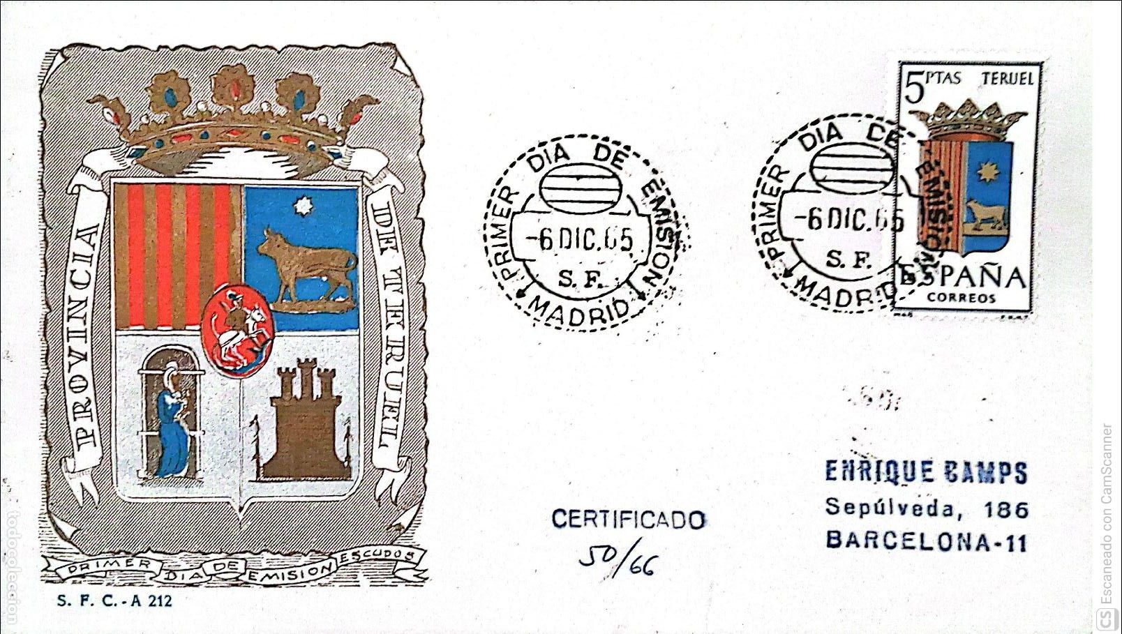 Sellos: Espa&ntilde;a. SPD 1642 Escudo de Teruel. Matasello Primer D&iacute;a 6.Dic.1965 Oviedo. Numeraci&oacute;n Edifil.