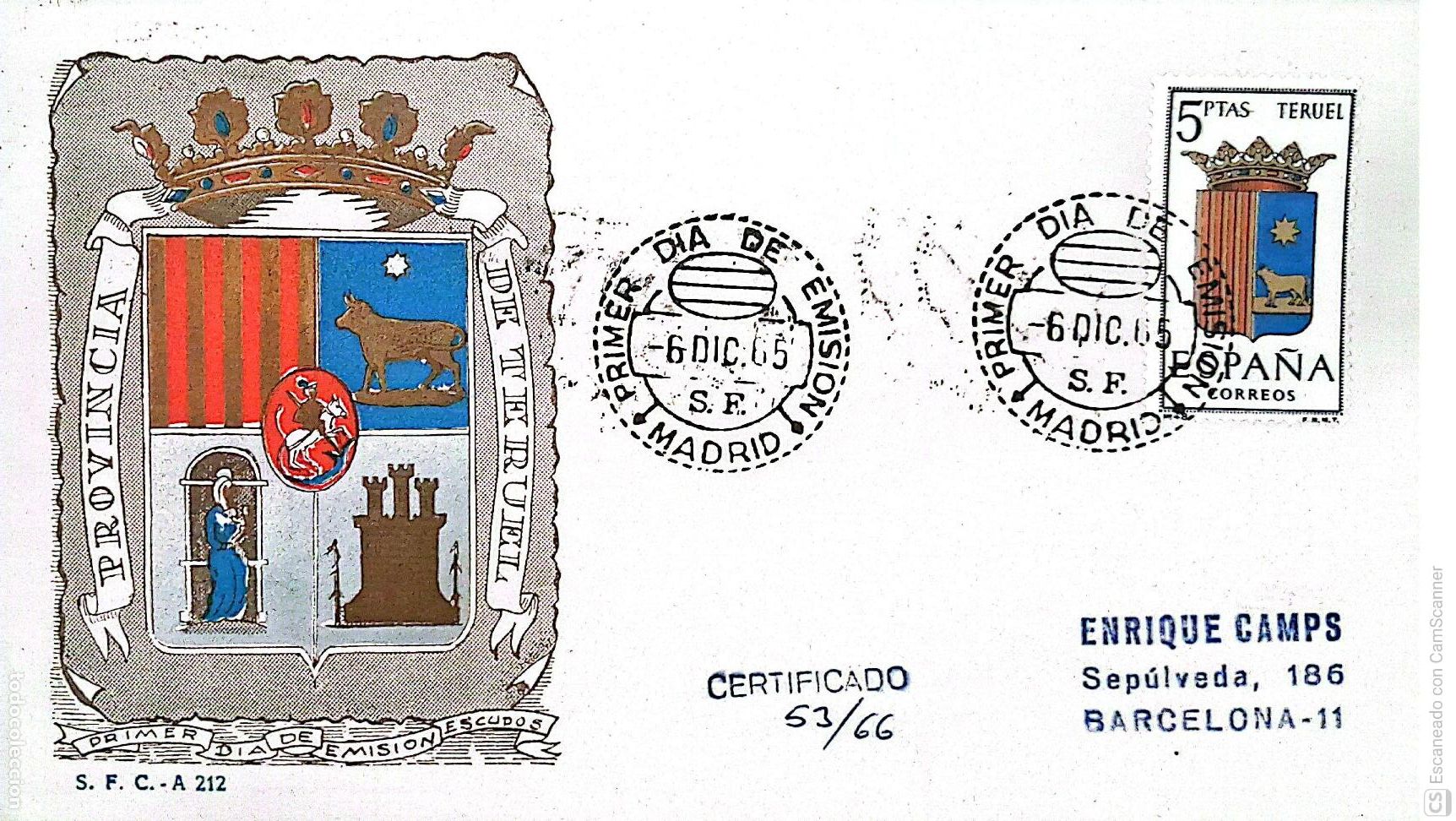 Sellos: Espa&ntilde;a. SPD 1642 Escudo de Teruel. Matasello Primer D&iacute;a 6.Dic.1965 Madrid. Numeraci&oacute;n Edifil.