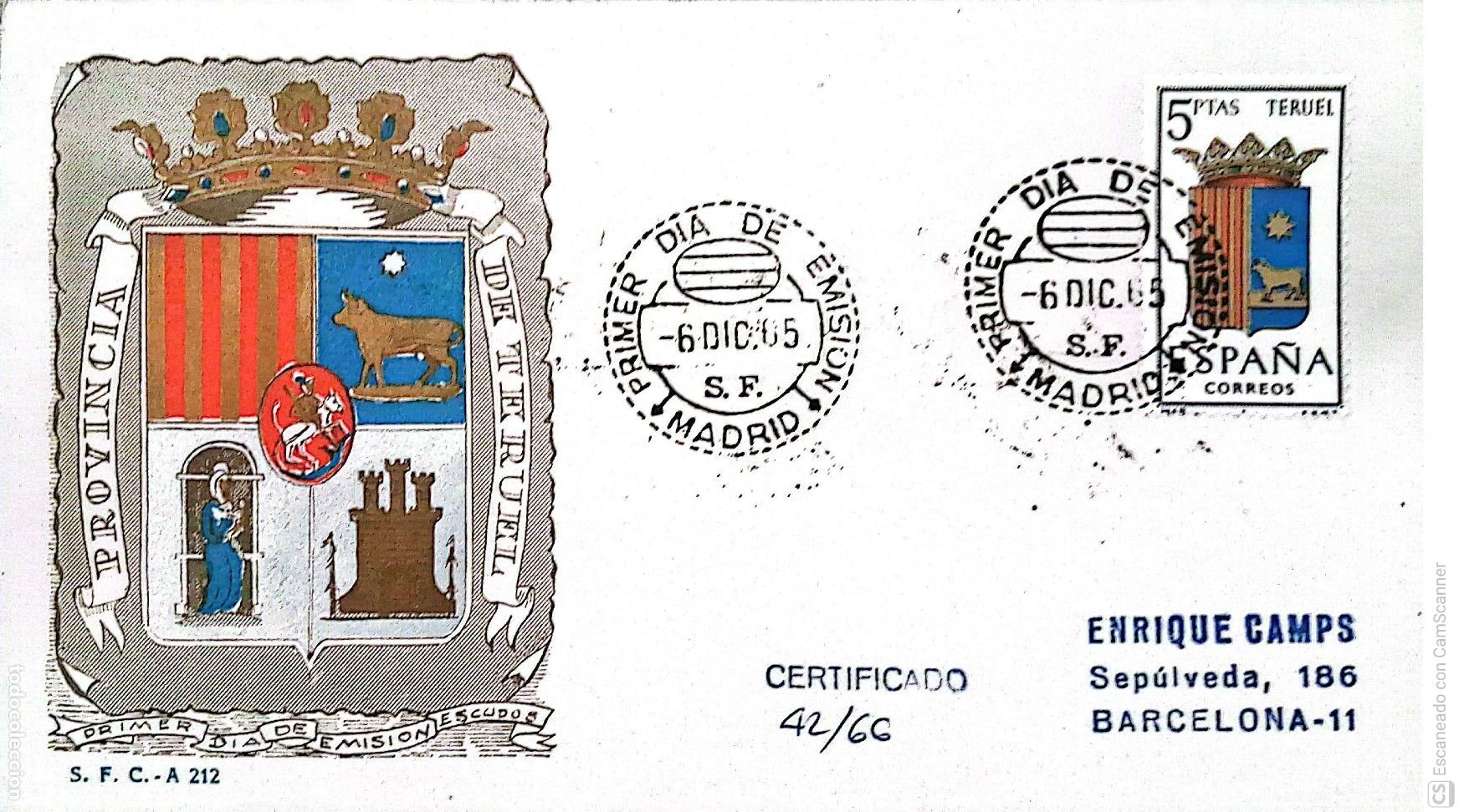 Sellos: Espa&ntilde;a. SPD 1642 Escudo de Teruel. Matasello Primer D&iacute;a 6.Dic.1965 Madrid. Numeraci&oacute;n Edifil.