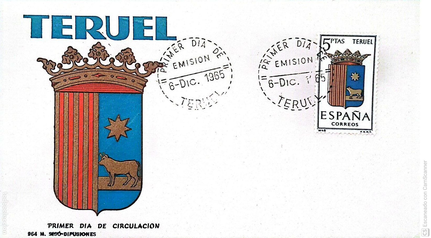 Sellos: Espa&ntilde;a. SPD 1642 Escudo de Teruel. Matasello Primer D&iacute;a 6.Dic.1965 Teruel. Numeraci&oacute;n Edifil.