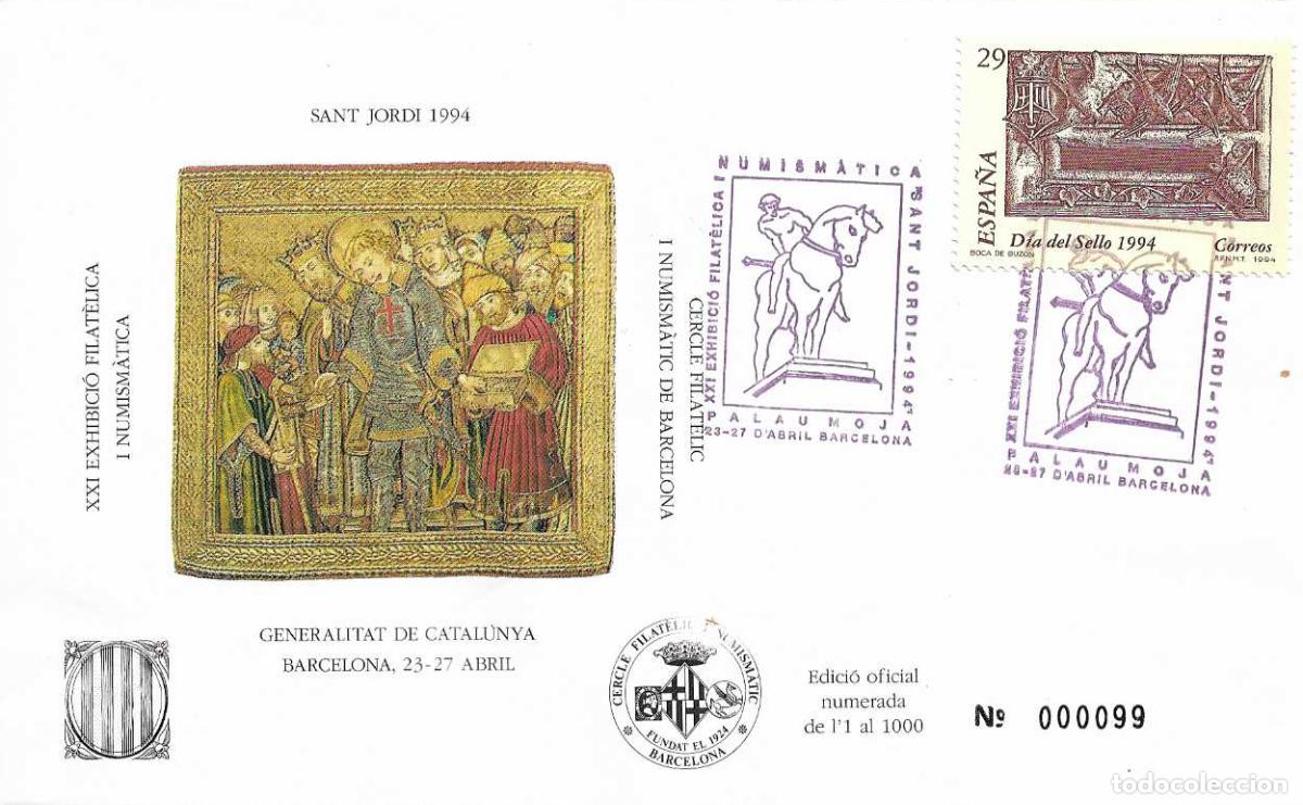 Sellos: SAN JORGE SANT JORDI XXI EXHIBICI&Oacute;, BARCELONA 1994. MATASELLOS EN SOBRE EO RELIGION RARO ASI