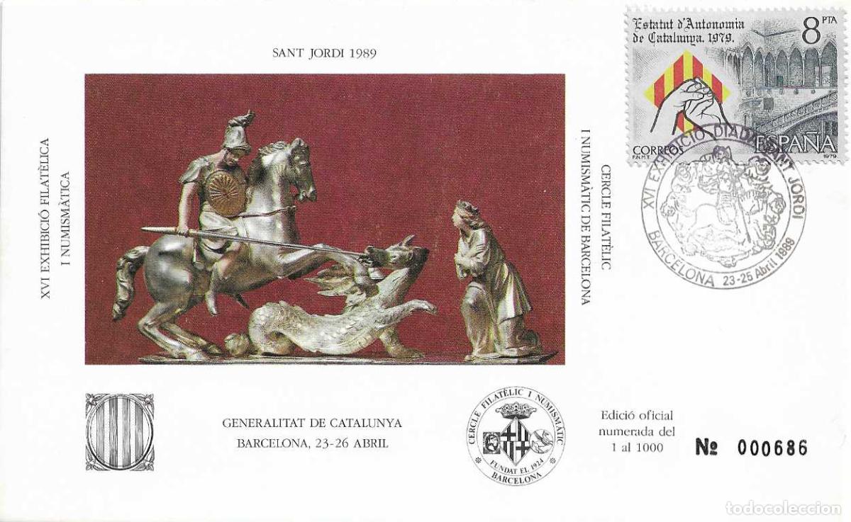 Sellos: SAN JORGE DIADA SANT JORDI XVI EXHIBICI&Oacute;, BARCELONA 1989. MATASELLOS EN SOBRE EO RELIGION RARO ASI
