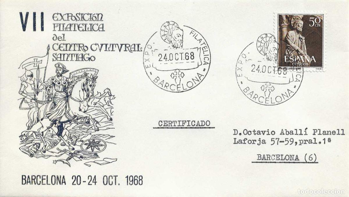 Sellos: APOSTOL SANTIAGO VII EXP CENTRO CULTURAL, BARCELONA 24 OCTUBRE 1968 MATASELLOS SOBRE CIRCULADO ALFIL