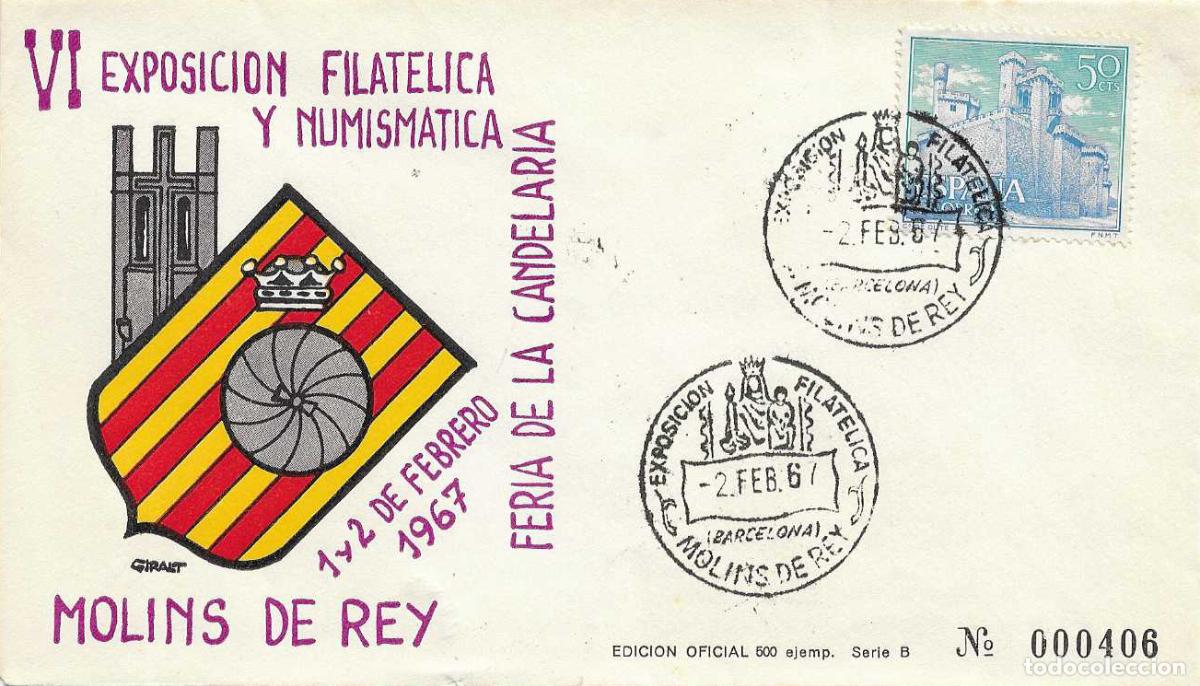 Sellos: VIRGEN CANDELARIA MOLINS DE REY (BARCELONA) 2 FEBRERO 1967 MATASELLOS EN SOBRE EO SERIE B TIRADA 500