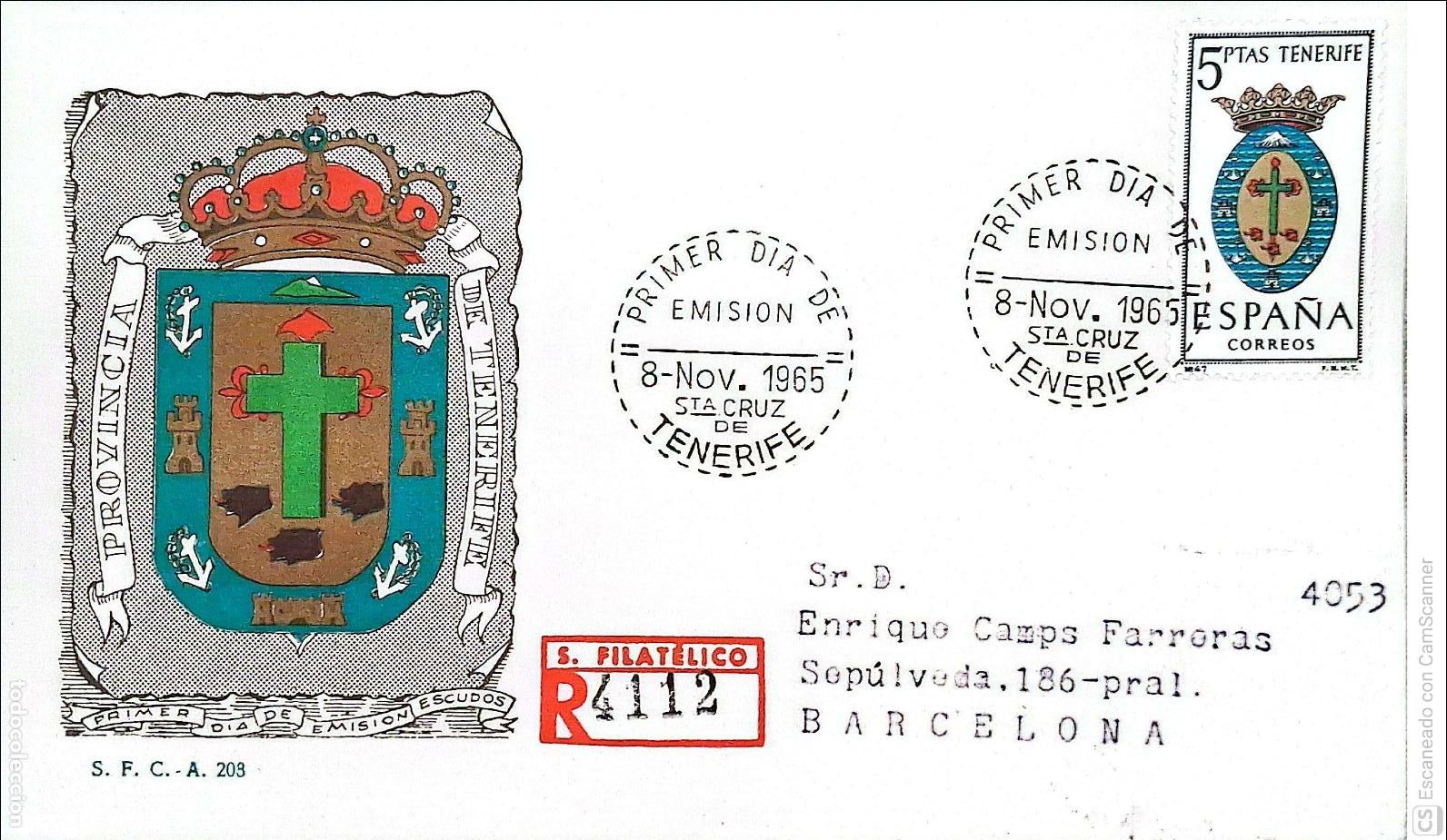 Sellos: Espa&ntilde;a. SPD 1641 Escudo de Tenerife. Matasello Primer D&iacute;a 8.Nov.1965 Sta. Cruz de Tenerife. Numeraci