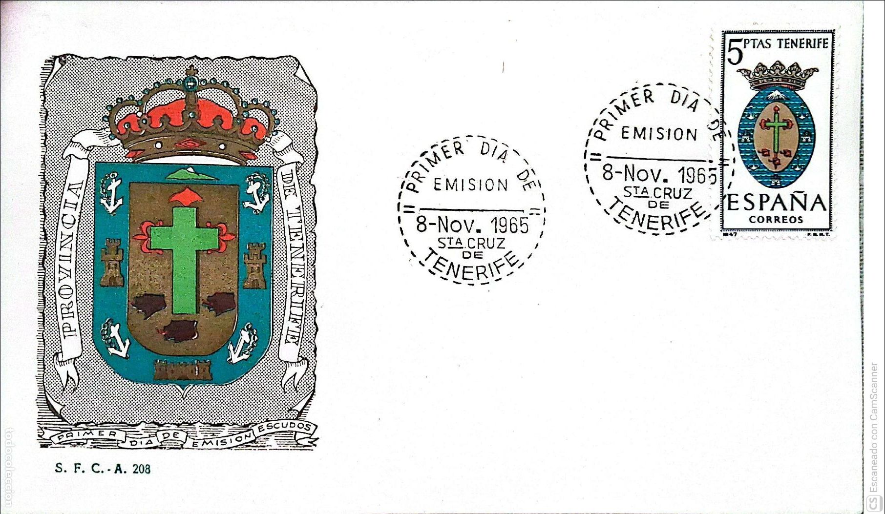 Sellos: Espa&ntilde;a. SPD 1641 Escudo de Tenerife. Matasello Primer D&iacute;a 8.Nov.1965 Sta. Cruz de Tenerife. Numeraci