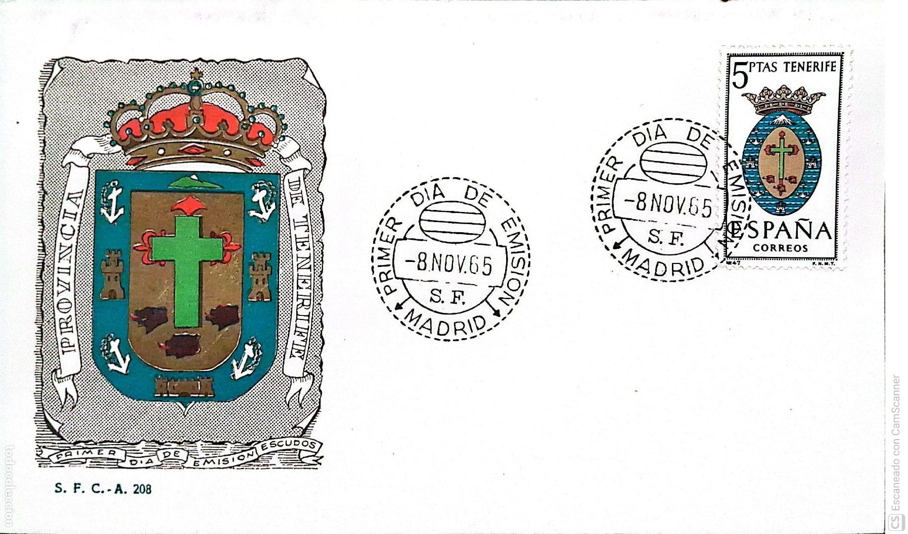 Sellos: Espa&ntilde;a. SPD 1641 Escudo de Tenerife. Matasello Primer D&iacute;a 8.Nov.1965 Sta. Cruz de Tenerife. Numeraci