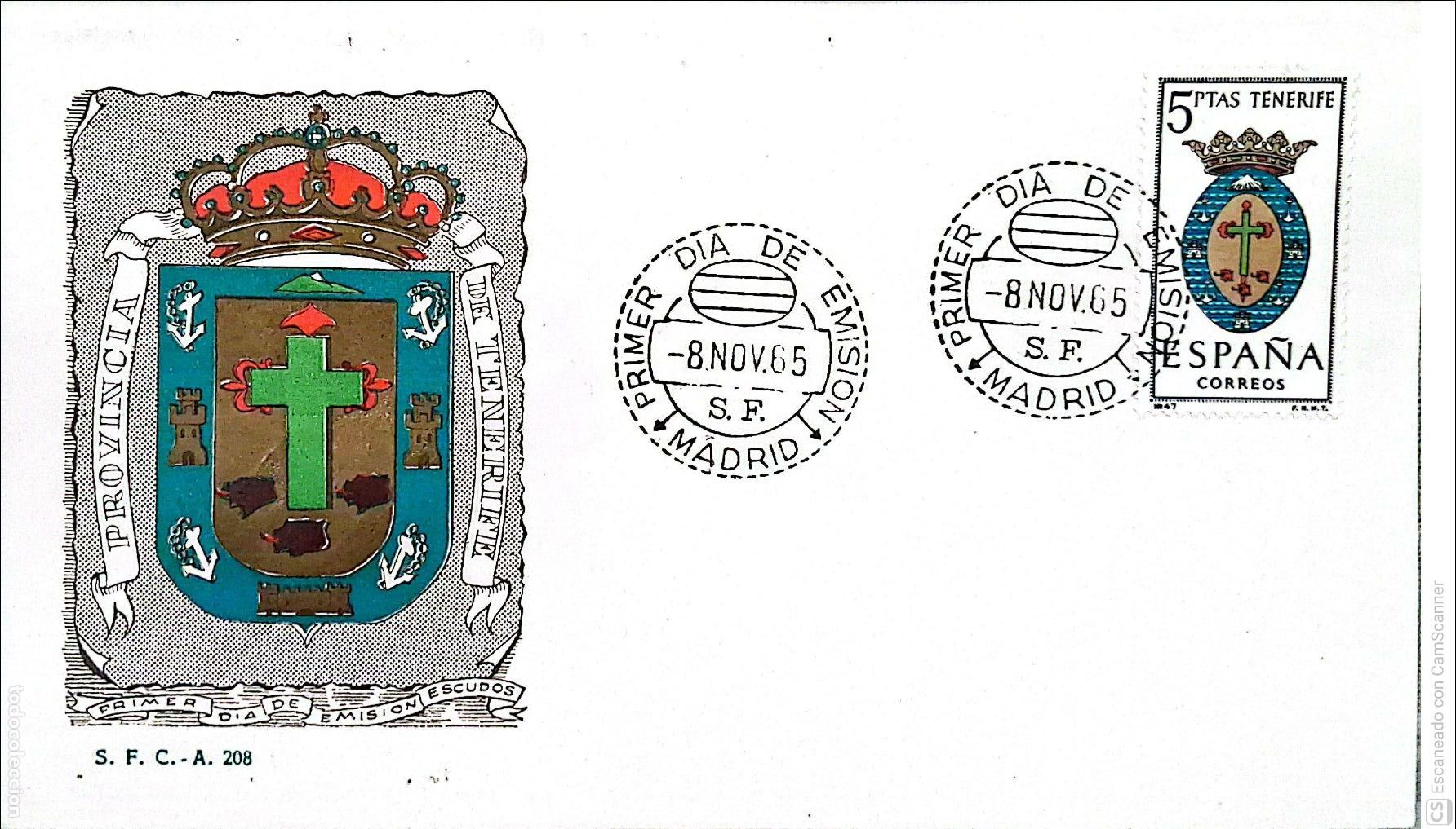 Sellos: Espa&ntilde;a. SPD 1641 Escudo de Tenerife. Matasello Primer D&iacute;a 8.Nov.1965 Sta. Cruz de Tenerife. Numeraci