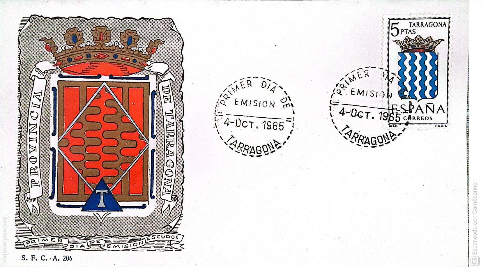 Sellos: Espa&ntilde;a. SPD 1640 Escudo de Tarragona. Matasello Primer D&iacute;a 4-Oct.1965 Tarragona. Numeraci&oacute;n Edifil.