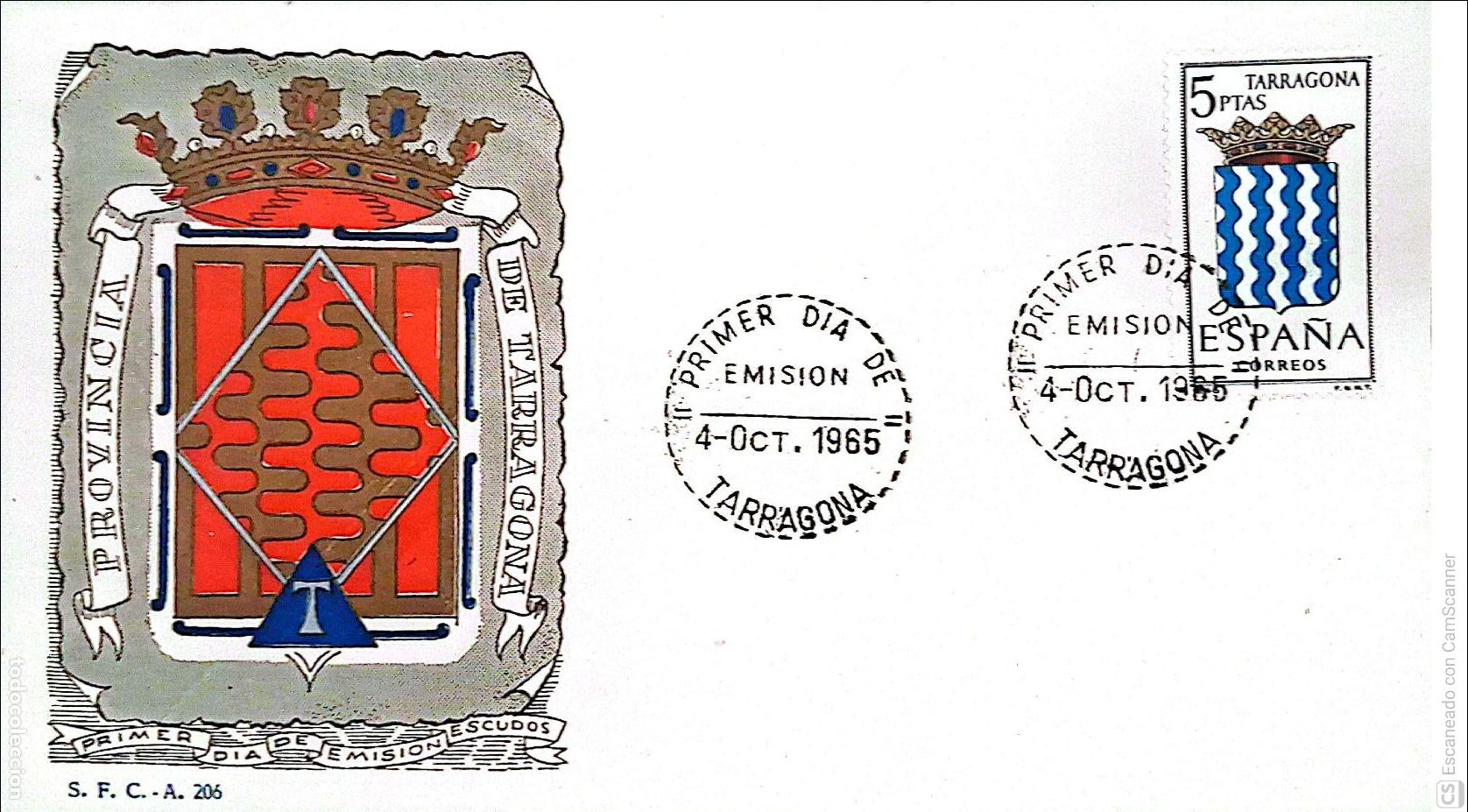 Sellos: Espa&ntilde;a. SPD 1640 Escudo de Tarragona. Matasello Primer D&iacute;a 4-Oct.1965 Tarragona. Numeraci&oacute;n Edifil.