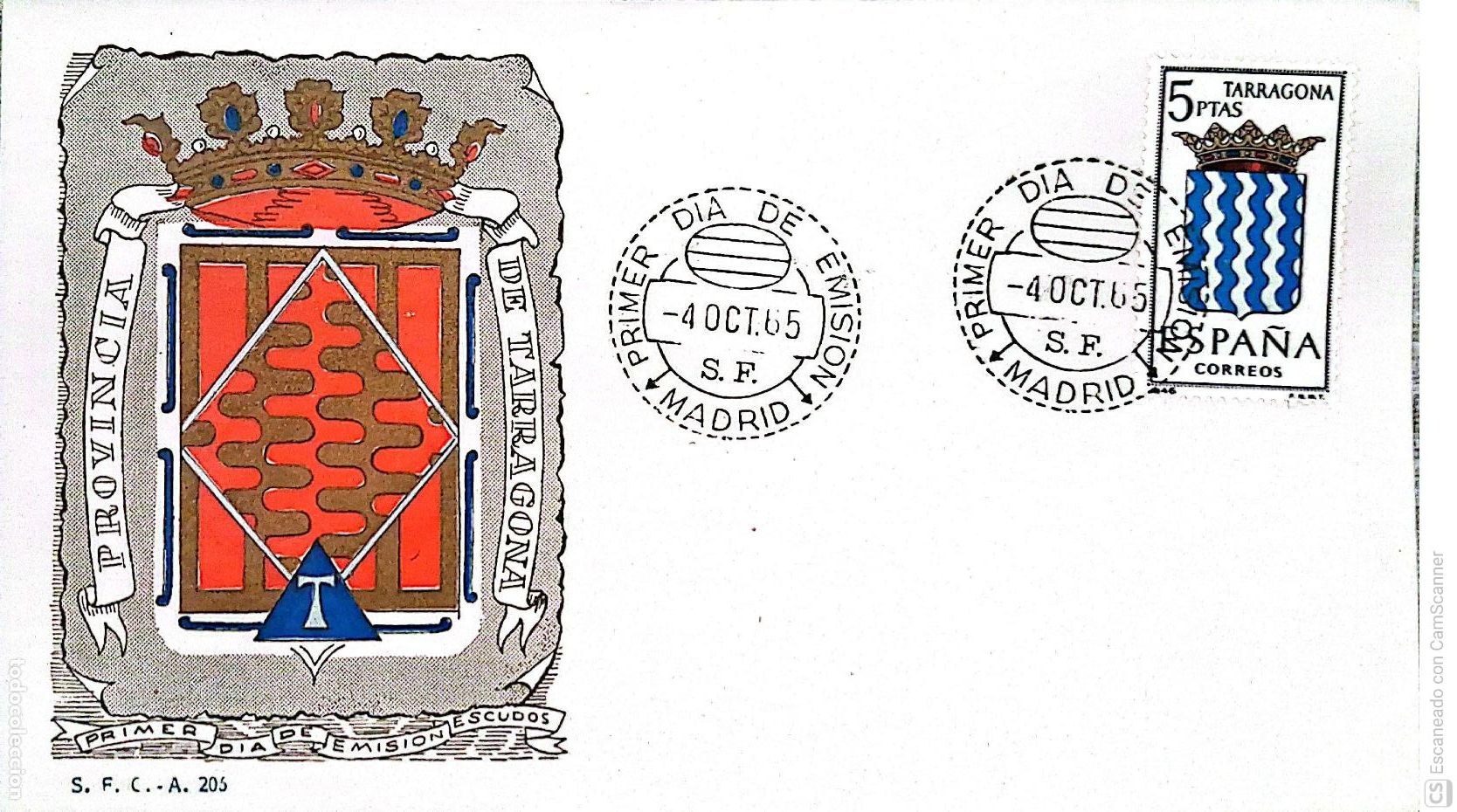 Sellos: Espa&ntilde;a. SPD 1640 Escudo de Tarragona. Matasello Primer D&iacute;a 4-Oct.1965 Madrid. Numeraci&oacute;n Edifil.