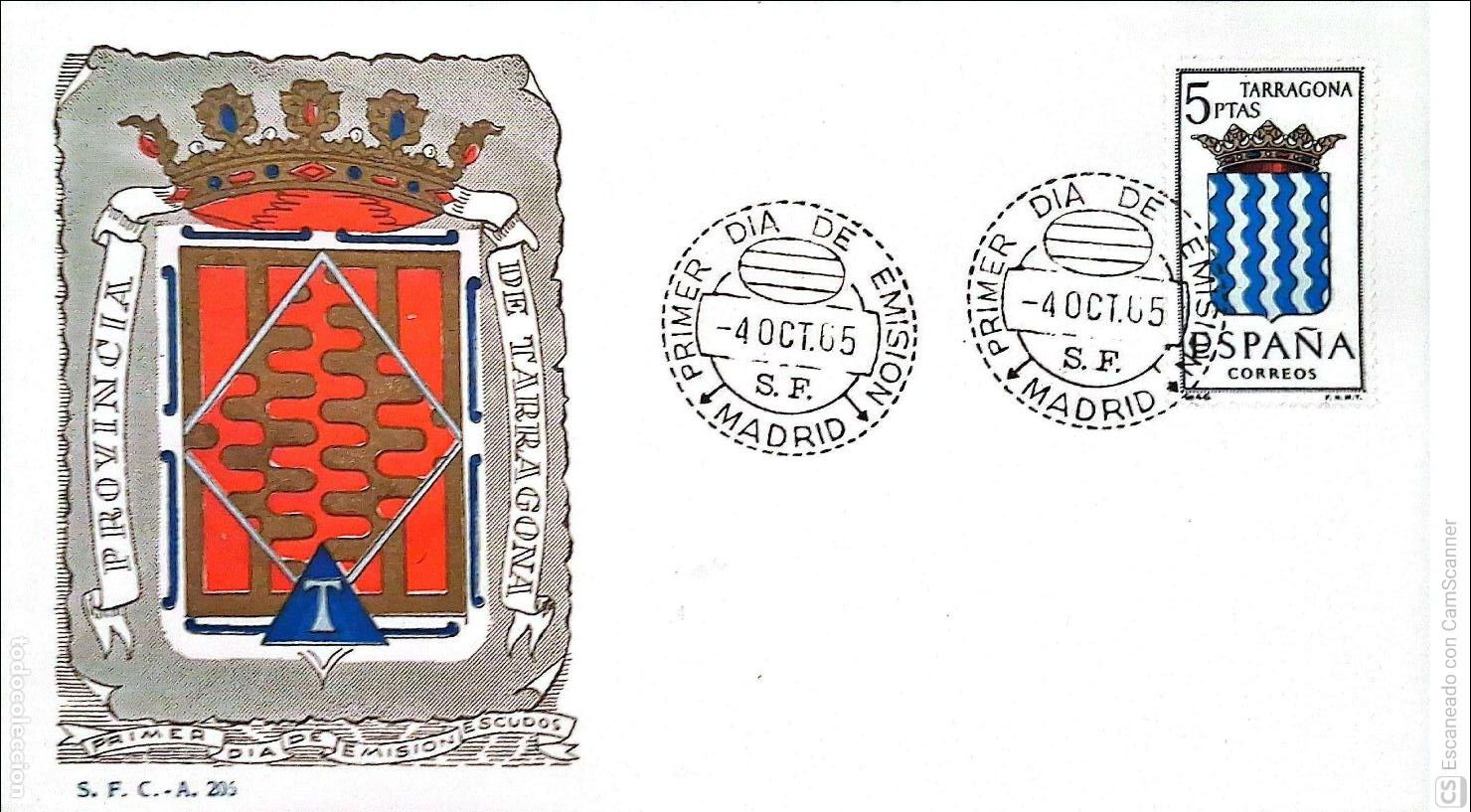 Sellos: Espa&ntilde;a. SPD 1640 Escudo de Tarragona. Matasello Primer D&iacute;a 4-Oct.1965 Madrid. Numeraci&oacute;n Edifil.