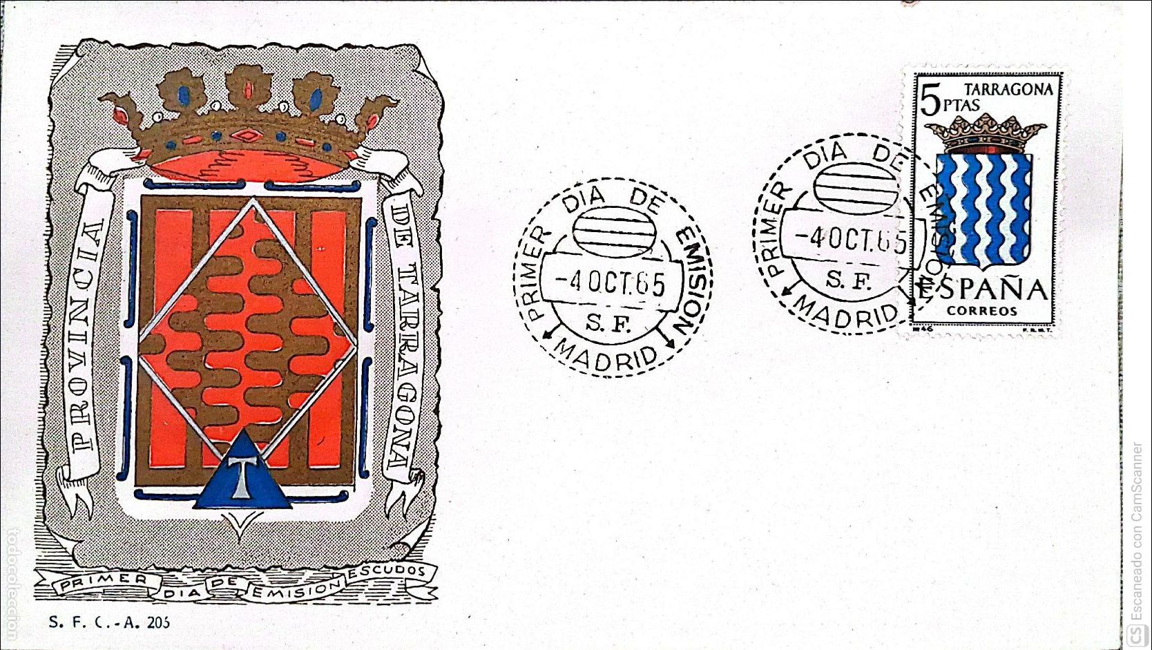 Sellos: Espa&ntilde;a. SPD 1640 Escudo de Tarragona. Matasello Primer D&iacute;a 4-Oct.1965 Madrid. Numeraci&oacute;n Edifil.