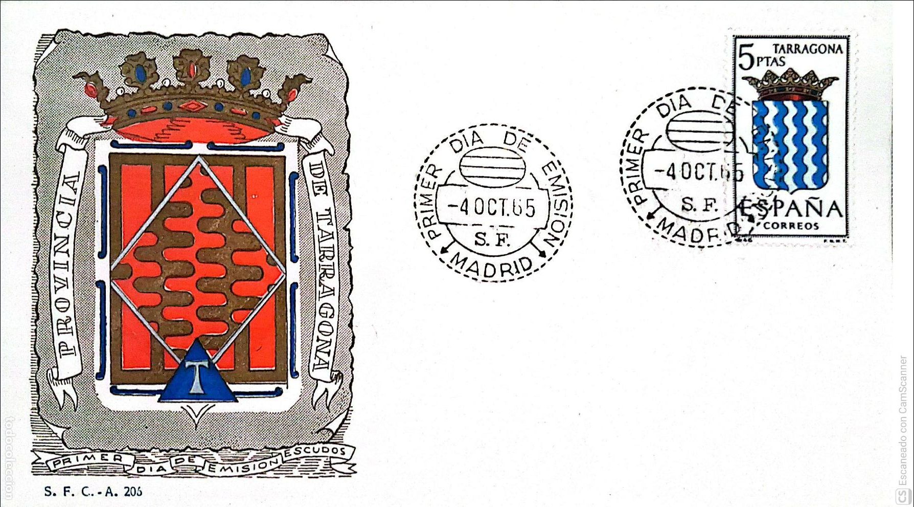 Sellos: Espa&ntilde;a. SPD 1640 Escudo de Tarragona. Matasello Primer D&iacute;a 4-Oct.1965 Madrid. Numeraci&oacute;n Edifil.