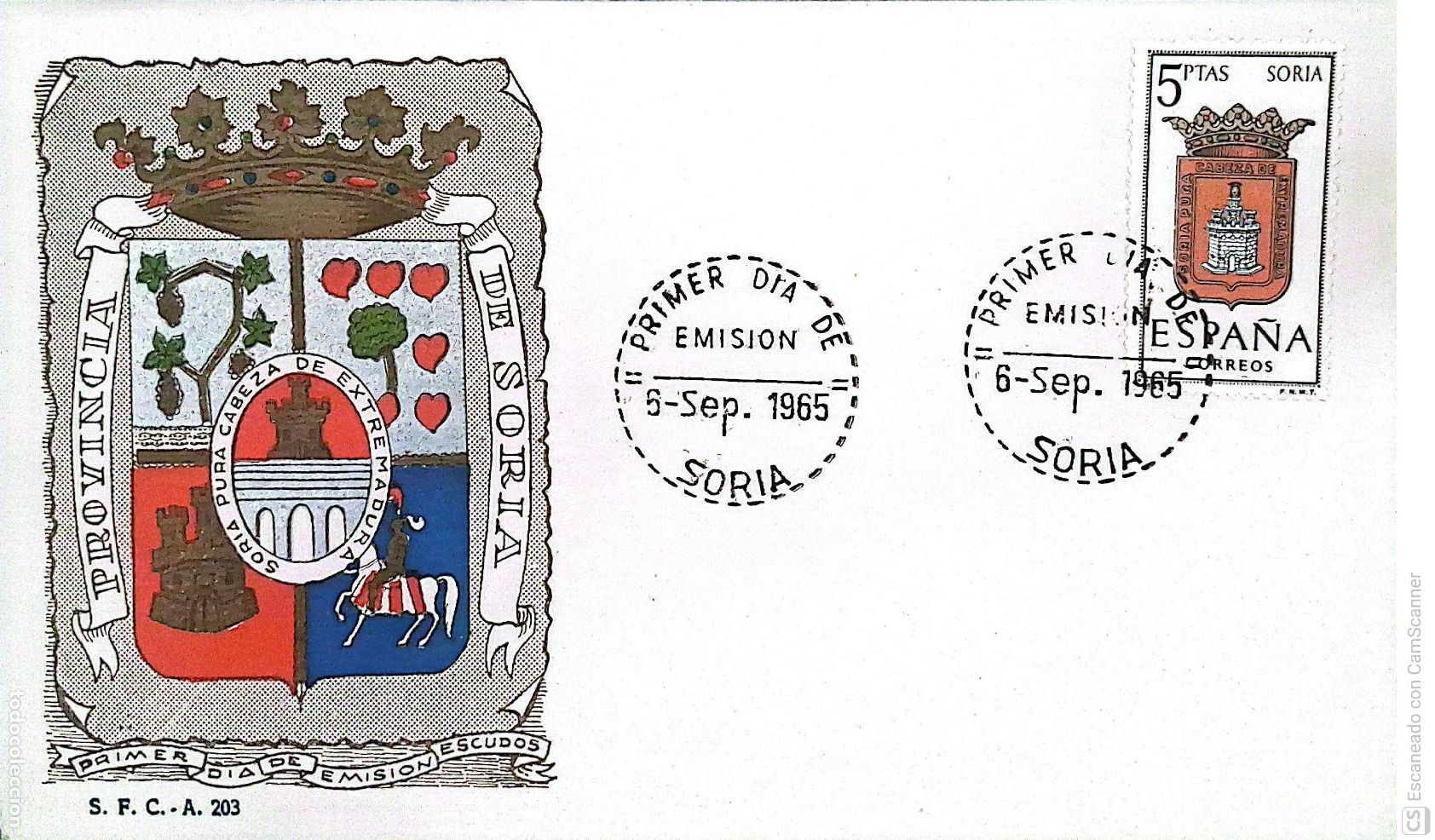 Sellos: Espa&ntilde;a. SPD 1639 Escudo de Soria. Matasello Primer D&iacute;a 5-Sep. 1965 Soria. Numeraci&oacute;n Edifil.