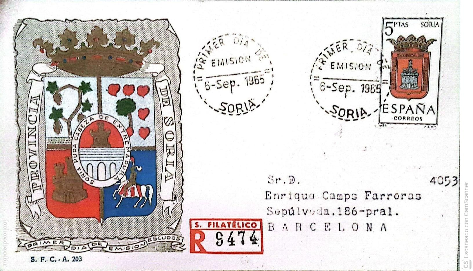 Sellos: Espa&ntilde;a. SPD 1639 Escudo de Soria. Matasello Primer D&iacute;a 5-Sep. 1965 Soria. Numeraci&oacute;n Edifil.