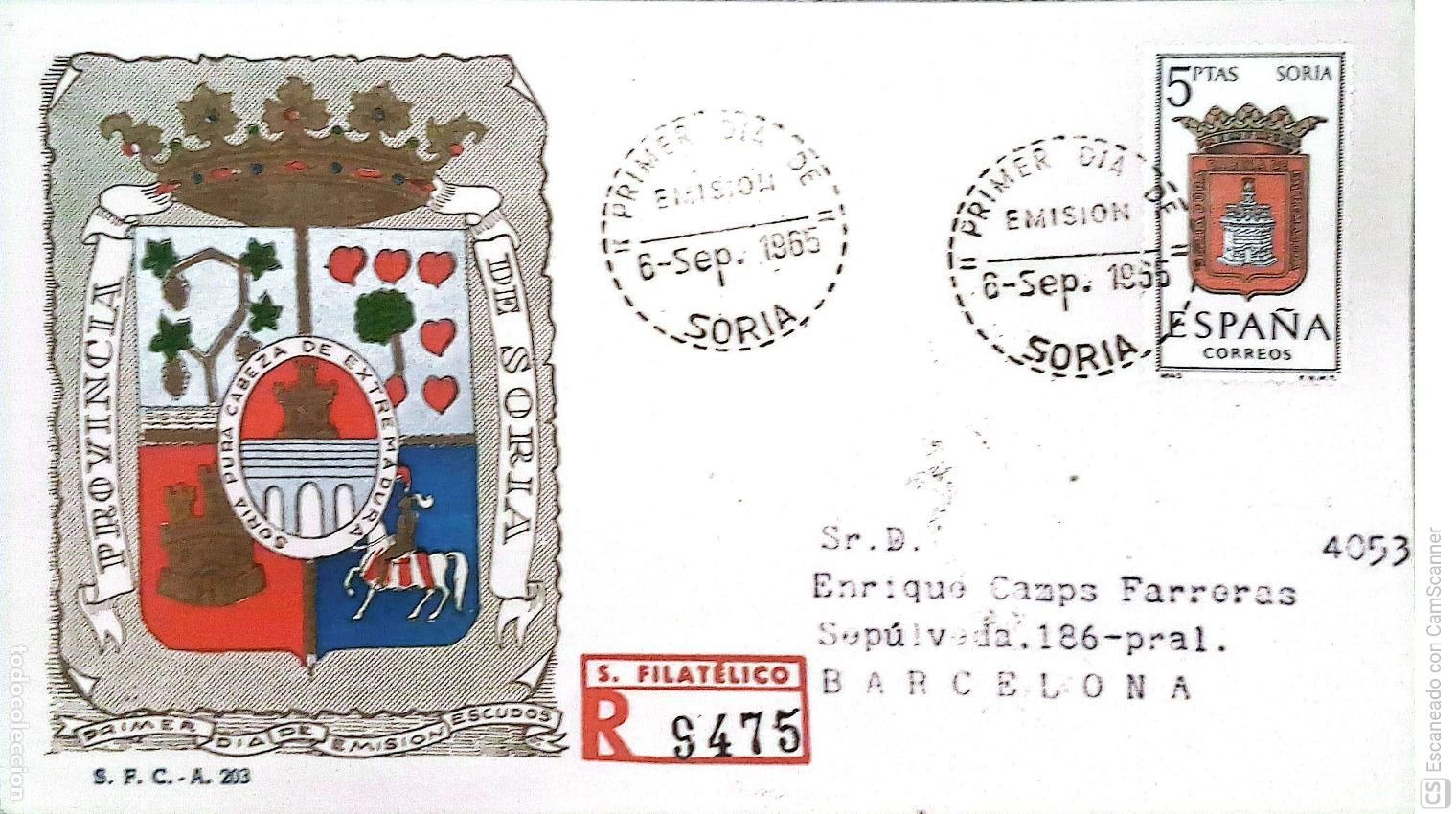 Sellos: Espa&ntilde;a. SPD 1639 Escudo de Soria. Matasello Primer D&iacute;a 5-Sep. 1965 Soria. Numeraci&oacute;n Edifil.