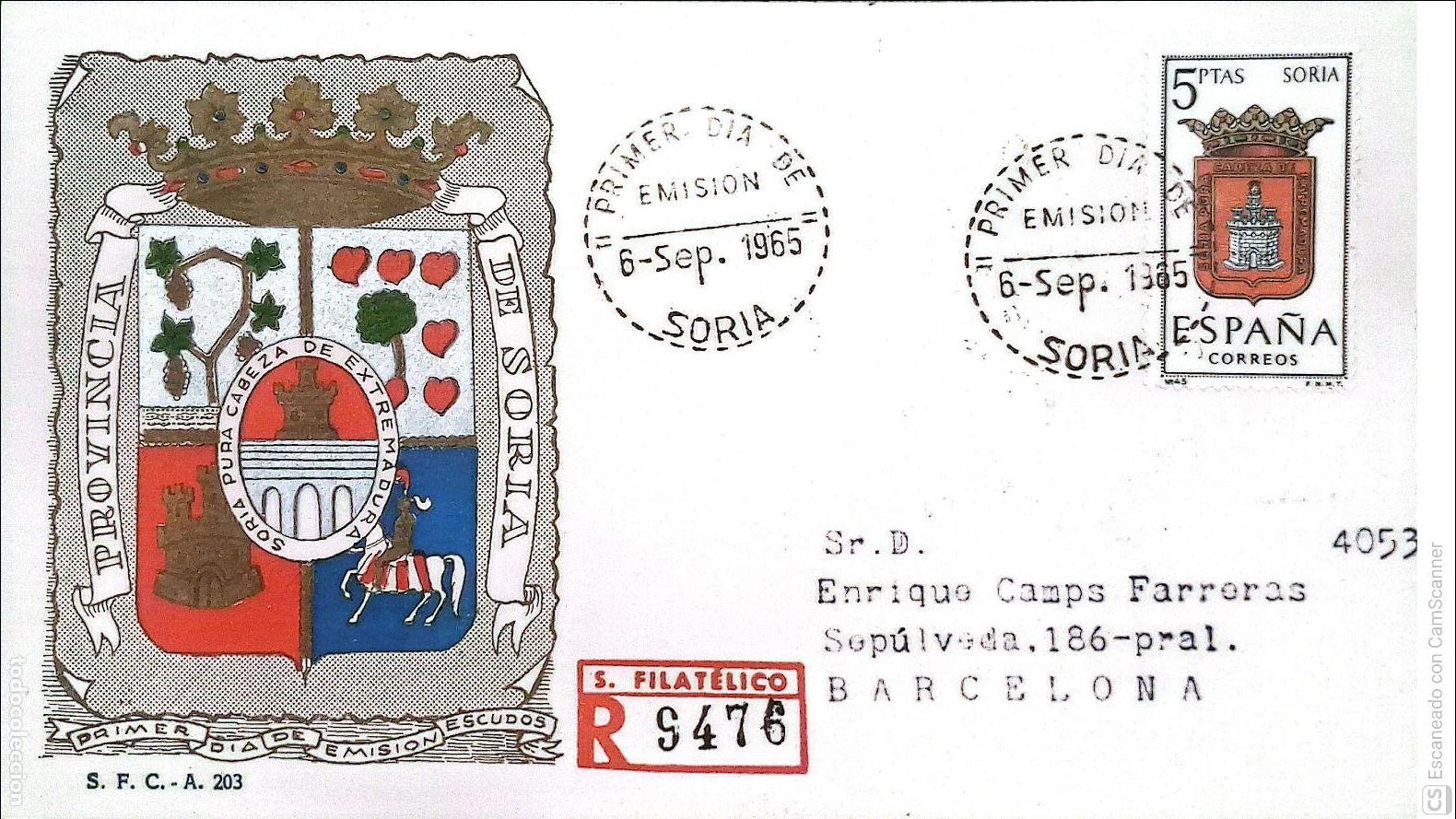 Sellos: Espa&ntilde;a. SPD 1639 Escudo de Soria. Matasello Primer D&iacute;a 5-Sep. 1965 Soria. Numeraci&oacute;n Edifil.