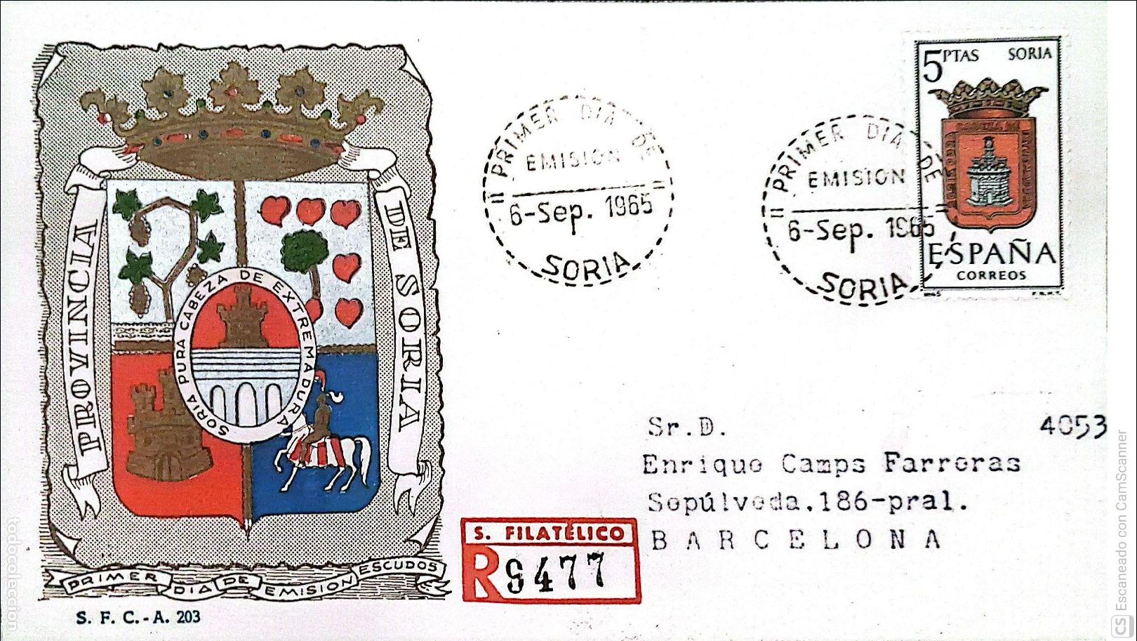 Sellos: Espa&ntilde;a. SPD 1639 Escudo de Soria. Matasello Primer D&iacute;a 5-Sep. 1965 Soria. Numeraci&oacute;n Edifil.