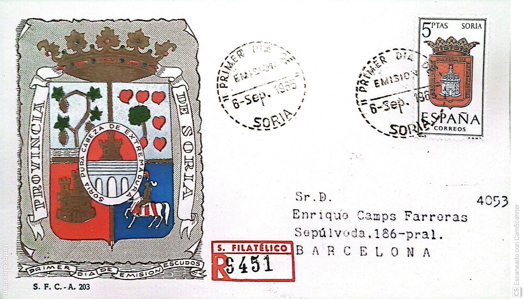 Sellos: Espa&ntilde;a. SPD 1639 Escudo de Soria. Matasello Primer D&iacute;a 5-Sep. 1965 Soria. Numeraci&oacute;n Edifil.