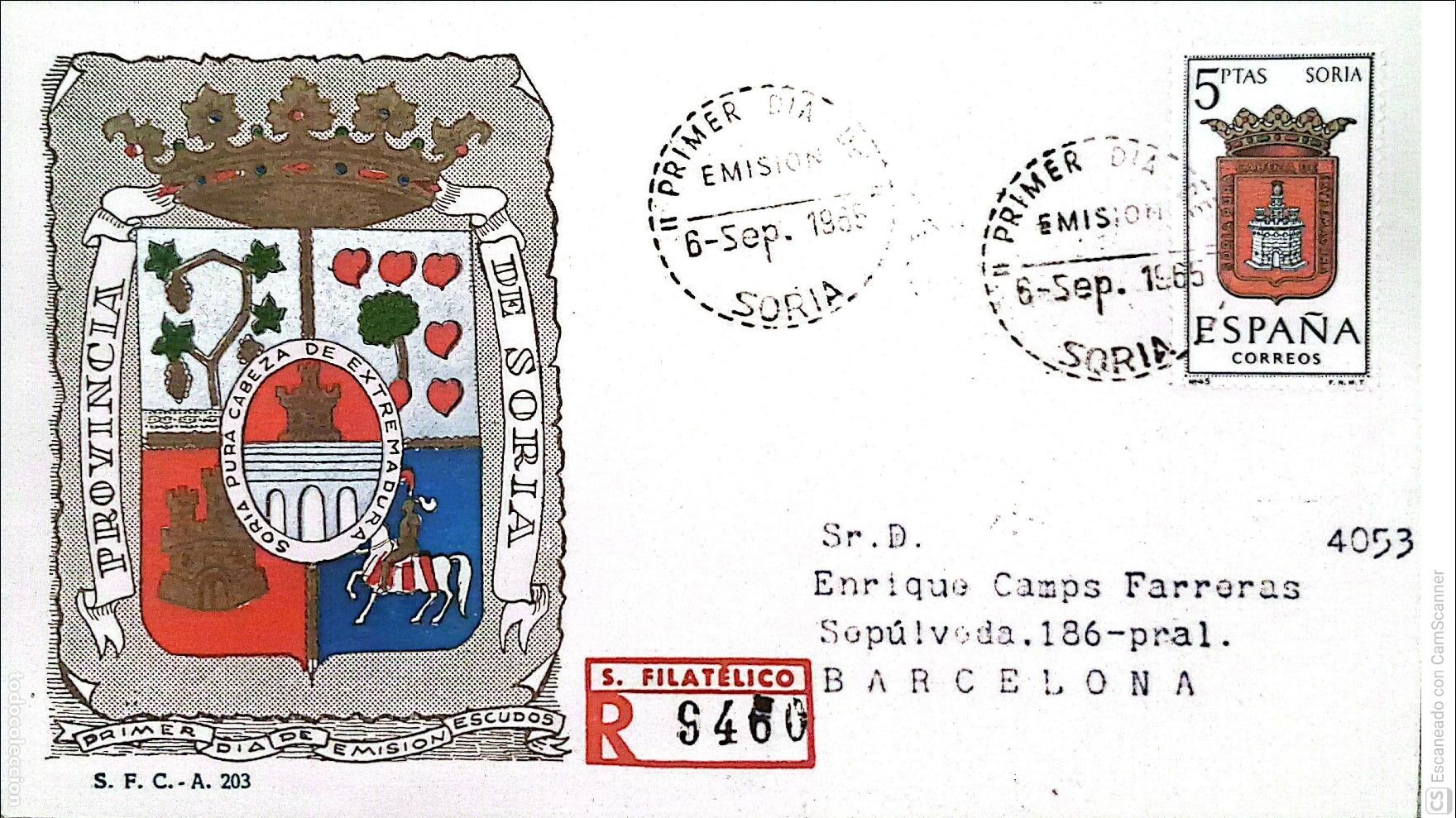 Sellos: Espa&ntilde;a. SPD 1639 Escudo de Soria. Matasello Primer D&iacute;a 5-Sep. 1965 Soria. Numeraci&oacute;n Edifil.