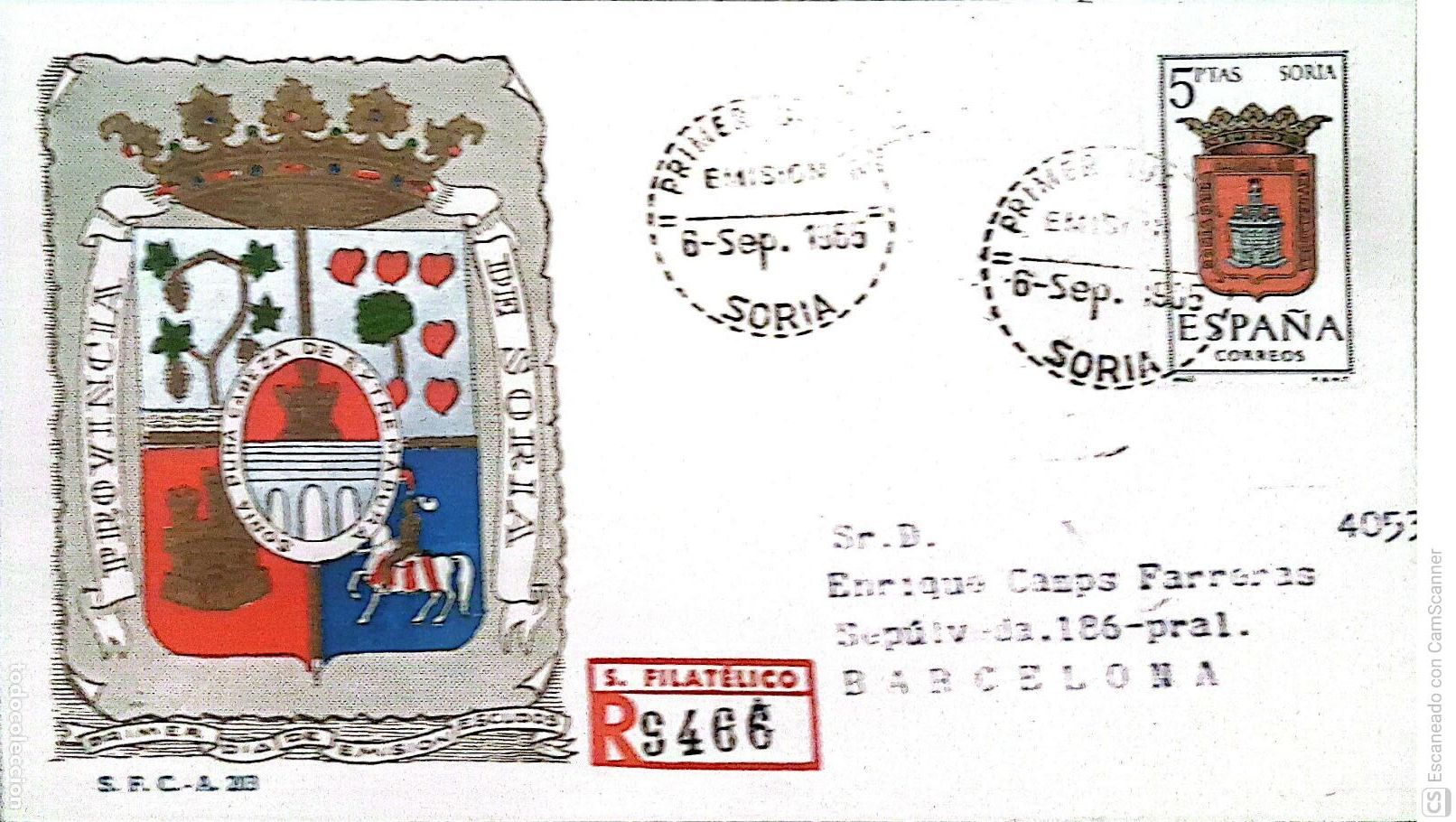 Sellos: Espa&ntilde;a. SPD 1639 Escudo de Soria. Matasello Primer D&iacute;a 5-Sep. 1965 Soria. Numeraci&oacute;n Edifil.