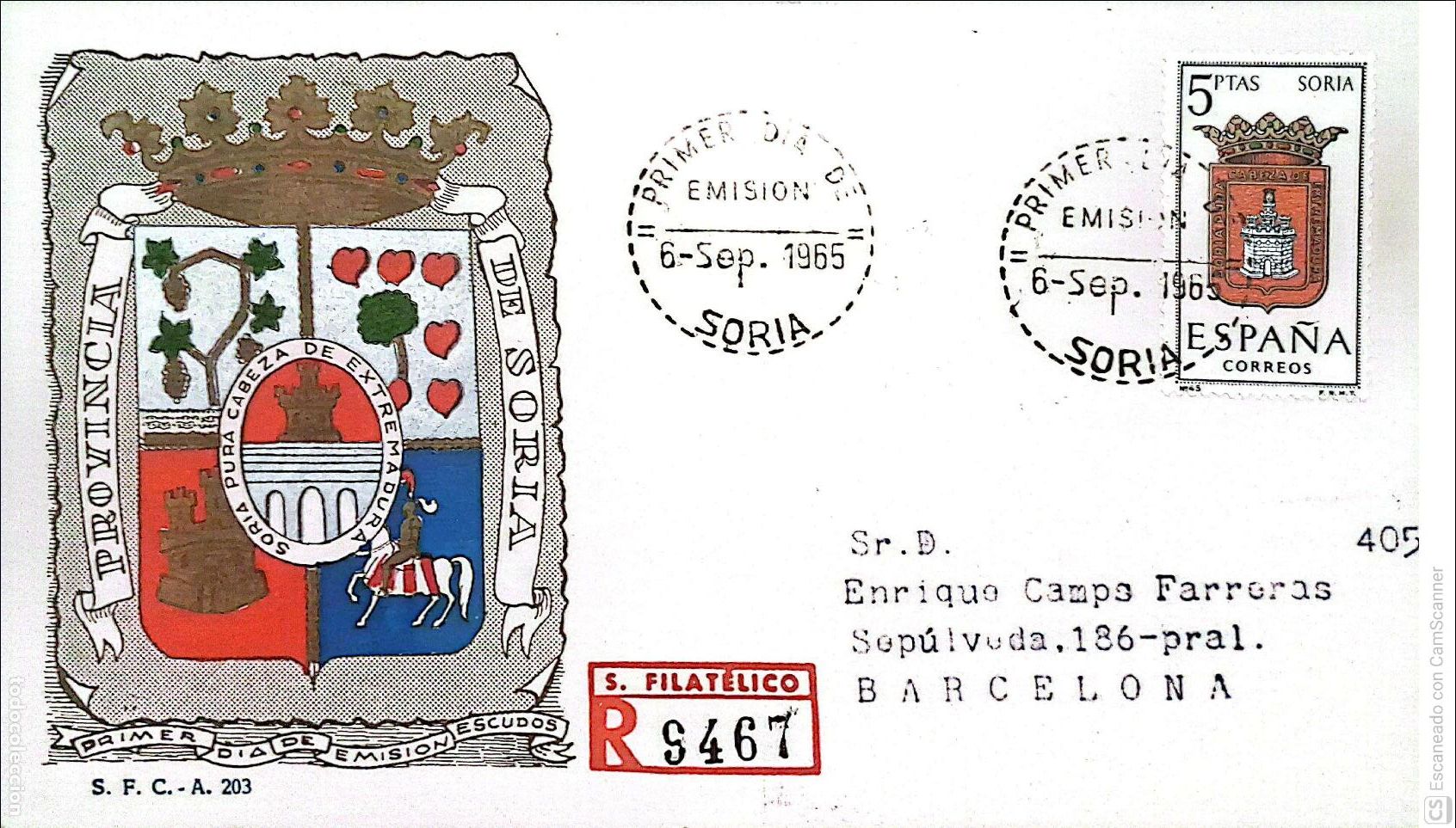 Sellos: Espa&ntilde;a. SPD 1639 Escudo de Soria. Matasello Primer D&iacute;a 5-Sep. 1965 Soria. Numeraci&oacute;n Edifil.