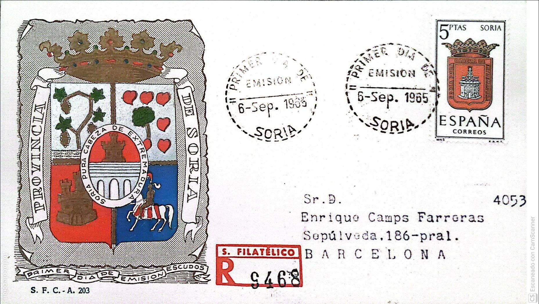 Sellos: Espa&ntilde;a. SPD 1639 Escudo de Soria. Matasello Primer D&iacute;a 5-Sep. 1965 Soria. Numeraci&oacute;n Edifil.