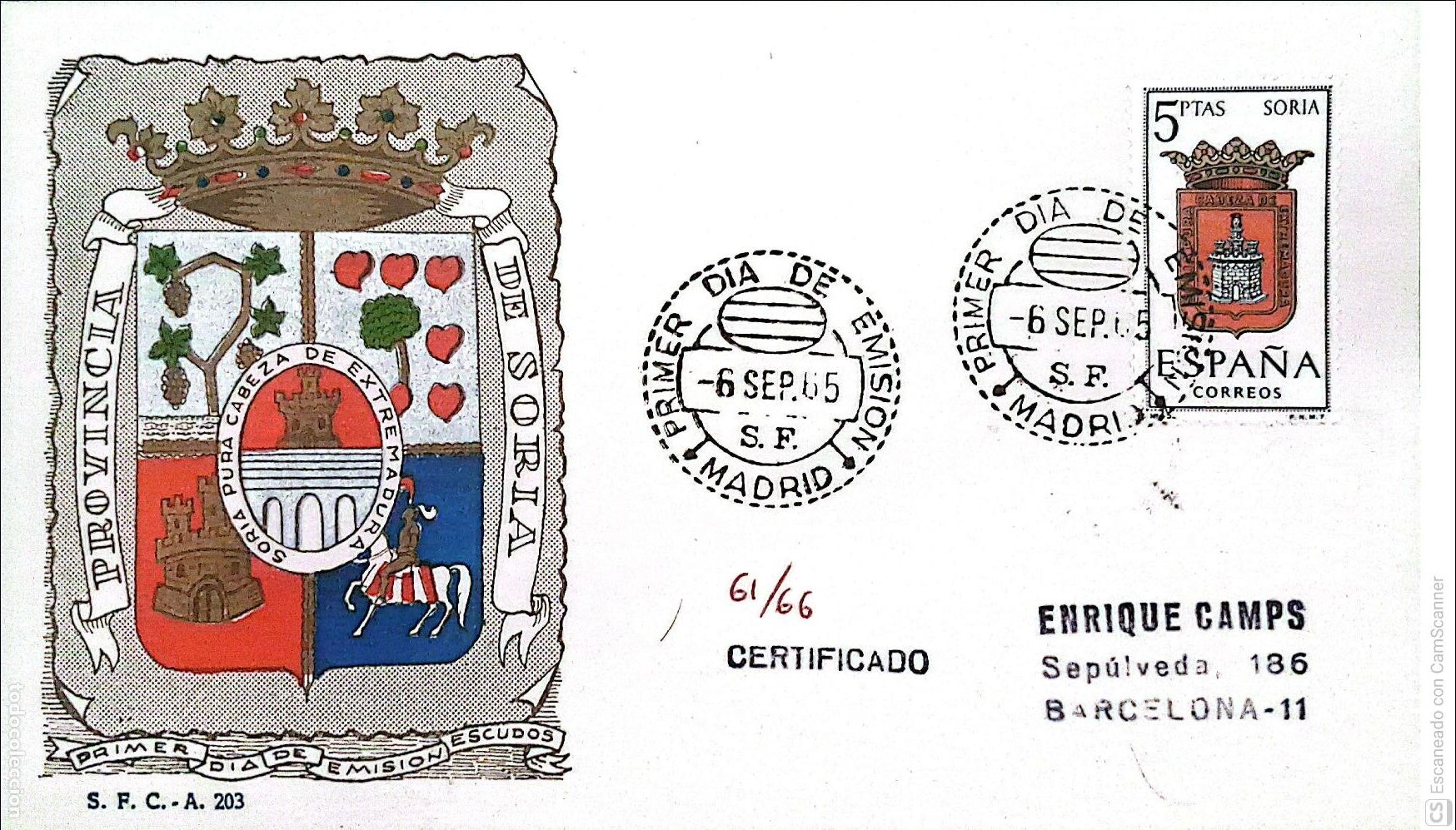 Sellos: Espa&ntilde;a. SPD 1639 Escudo de Soria. Matasello Primer D&iacute;a 5-Sep. 1965 Madrid. Numeraci&oacute;n Edifil.