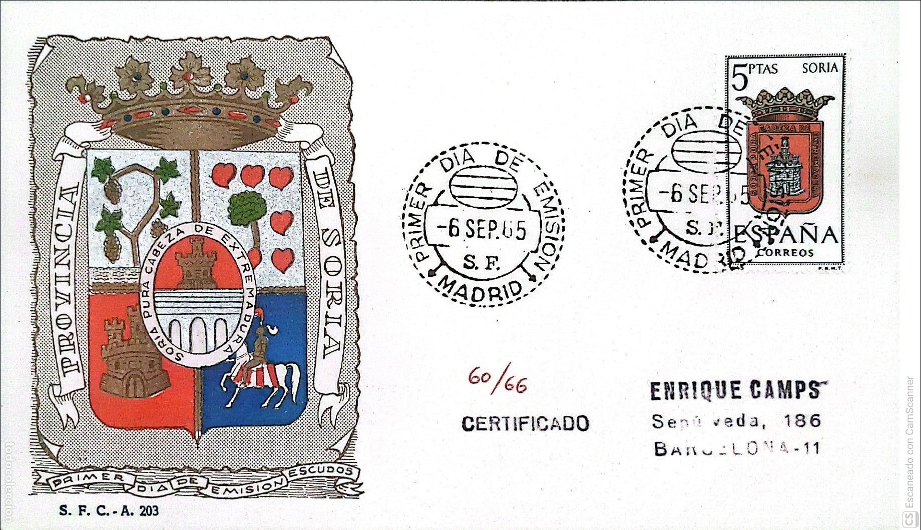 Sellos: Espa&ntilde;a. SPD 1639 Escudo de Soria. Matasello Primer D&iacute;a 5-Sep. 1965 Madrid. Numeraci&oacute;n Edifil.