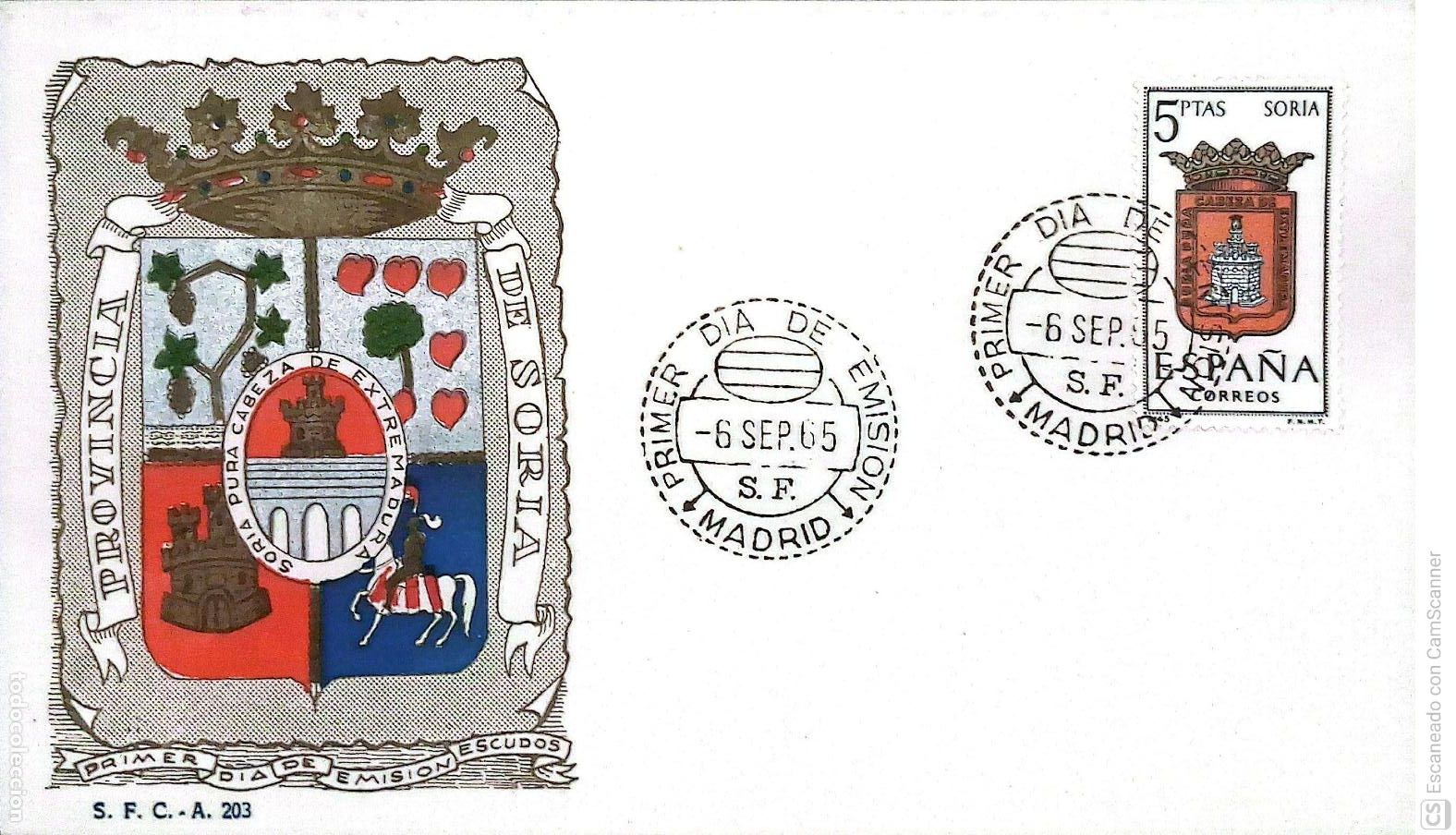 Sellos: Espa&ntilde;a. SPD 1639 Escudo de Soria. Matasello Primer D&iacute;a 5-Sep. 1965 Madrid. Numeraci&oacute;n Edifil.