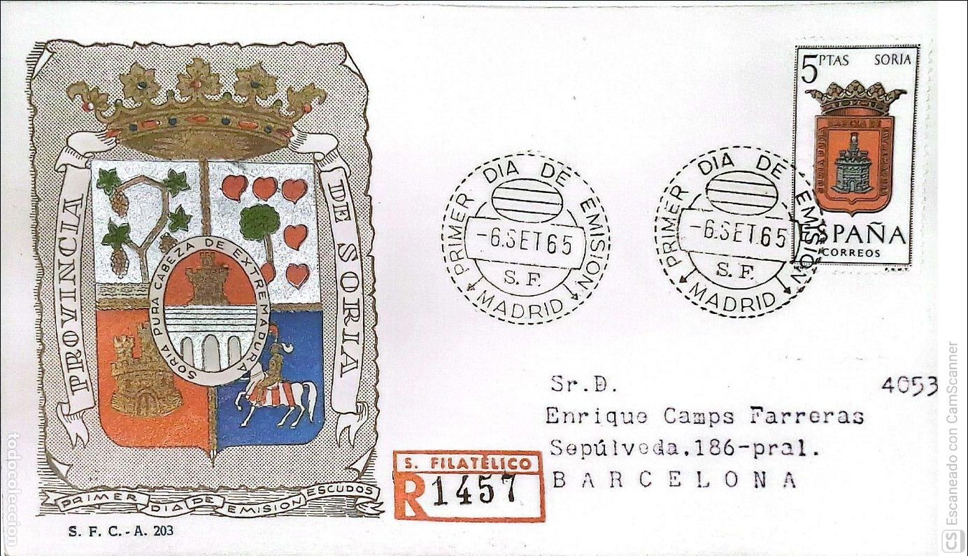 Sellos: Espa&ntilde;a. SPD 1639 Escudo de Soria. Matasello Primer D&iacute;a 5-Sep. 1965 Madrid. Numeraci&oacute;n Edifil.