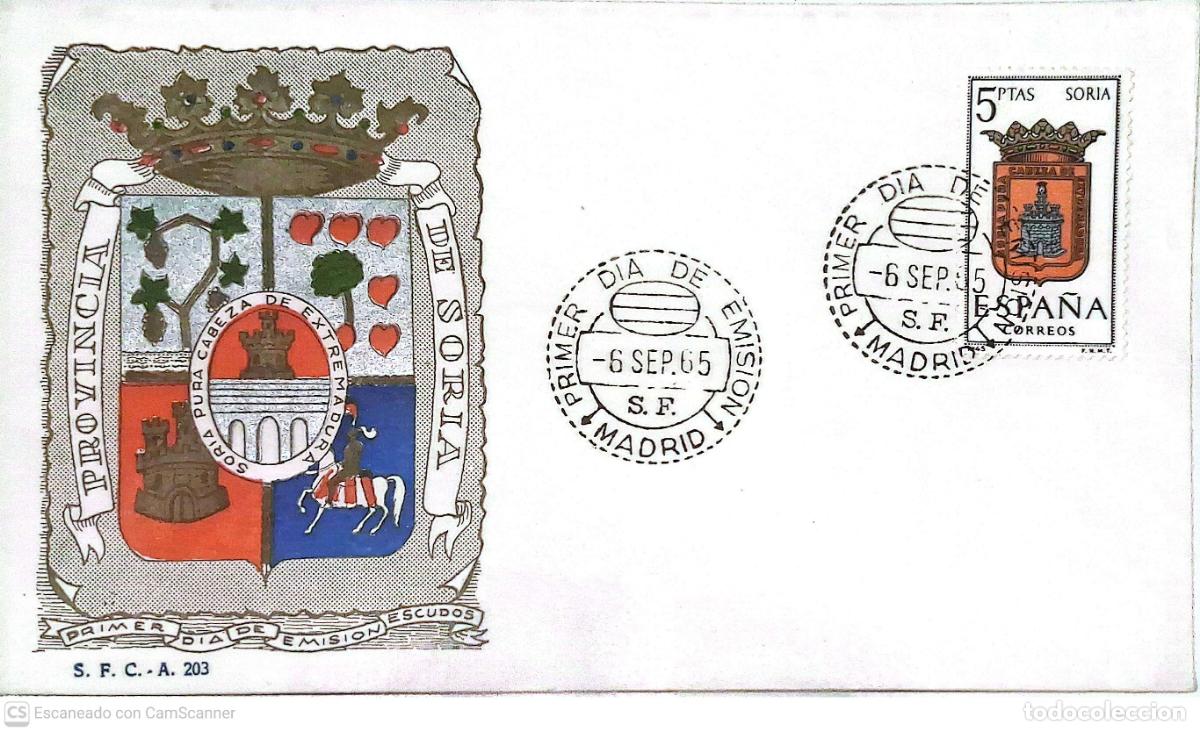 Sellos: Espa&ntilde;a. SPD 1639 Escudo de Soria. Matasello Primer D&iacute;a 5-Sep. 1965 Madrid. Numeraci&oacute;n Edifil.