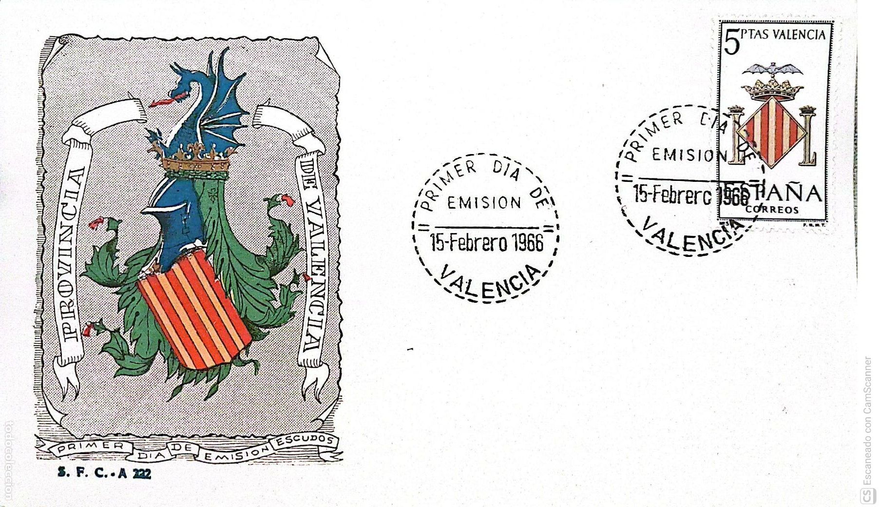 Sellos: Espa&ntilde;a. SPD 1697 Escudo de Valencia. Matasello Primer D&iacute;a 15-Febrero. 1966 Valencia. Numeraci&oacute;n Edif