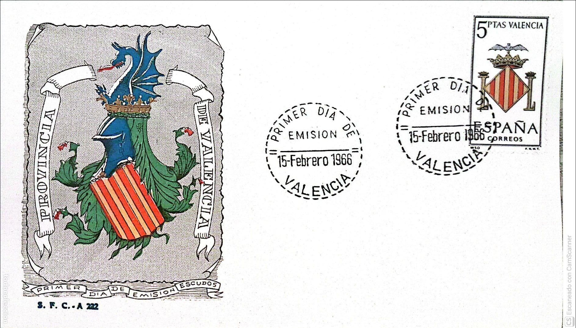Sellos: Espa&ntilde;a. SPD 1697 Escudo de Valencia. Matasello Primer D&iacute;a 15-Febrero. 1966 Valencia. Numeraci&oacute;n Edif
